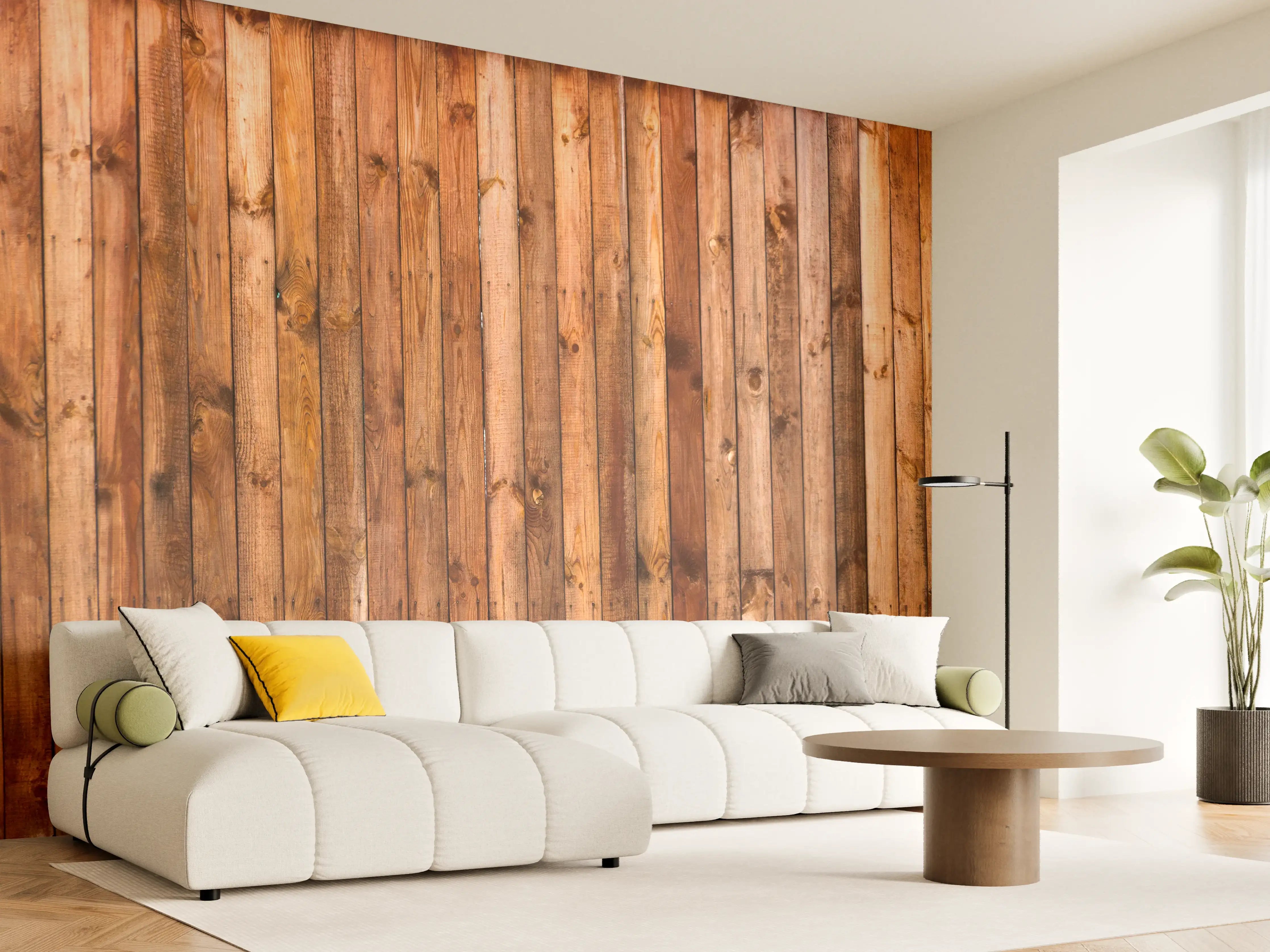 Wandverkleidung Wohnzimmer - Holzstruktur Planken Panorama