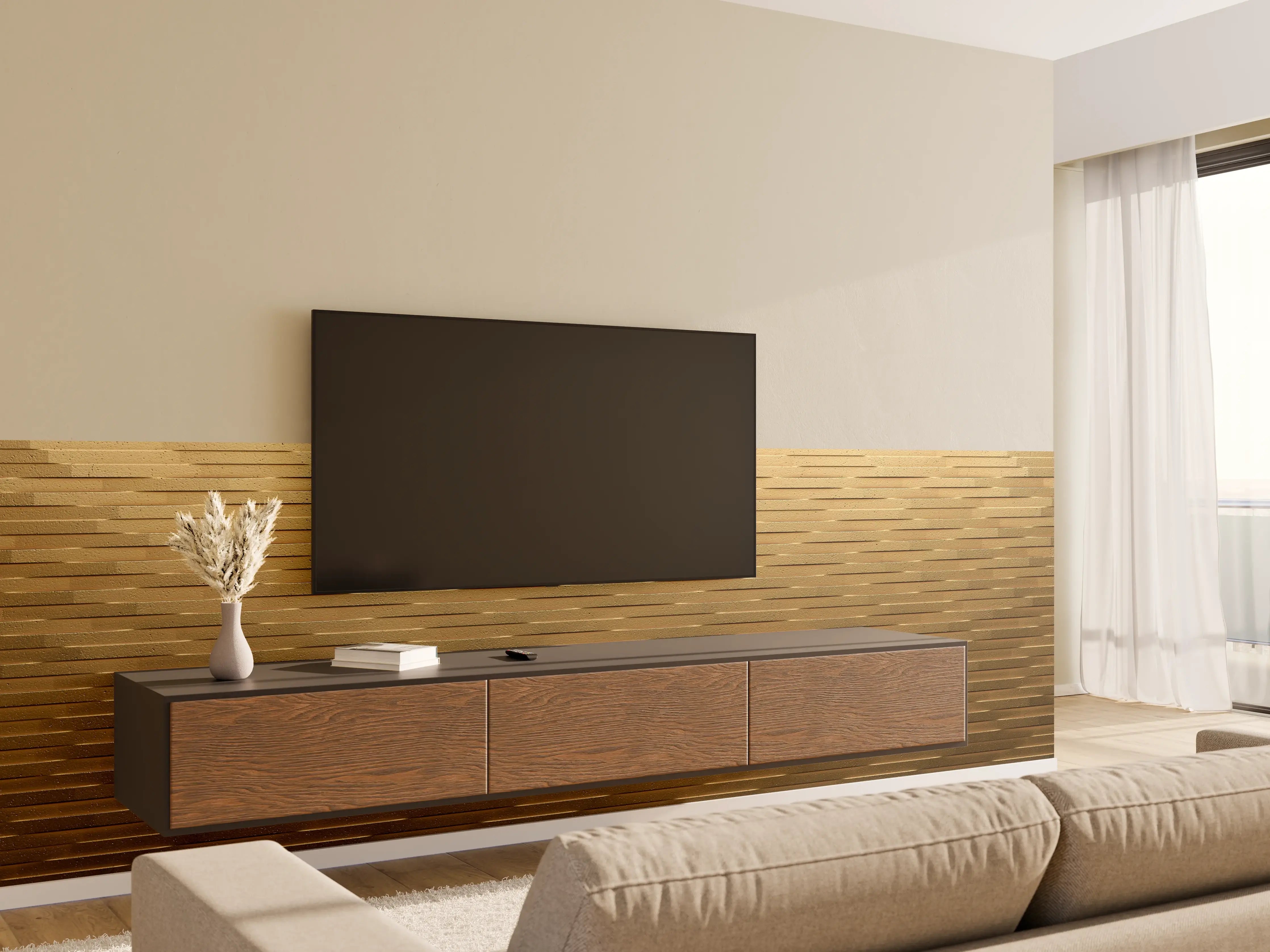 Wandverkleidung Wohnzimmer - Holzstruktur in warmen Tönen