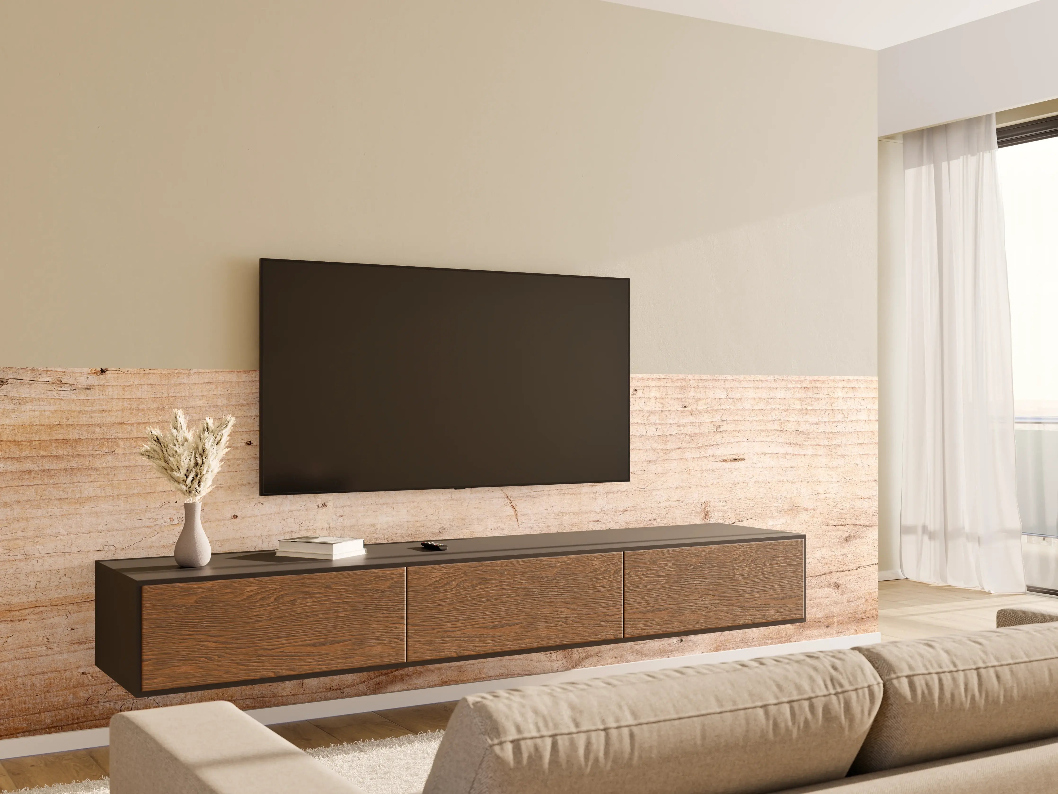 Wandverkleidung Wohnzimmer - Holztextur mit warmen Tönen