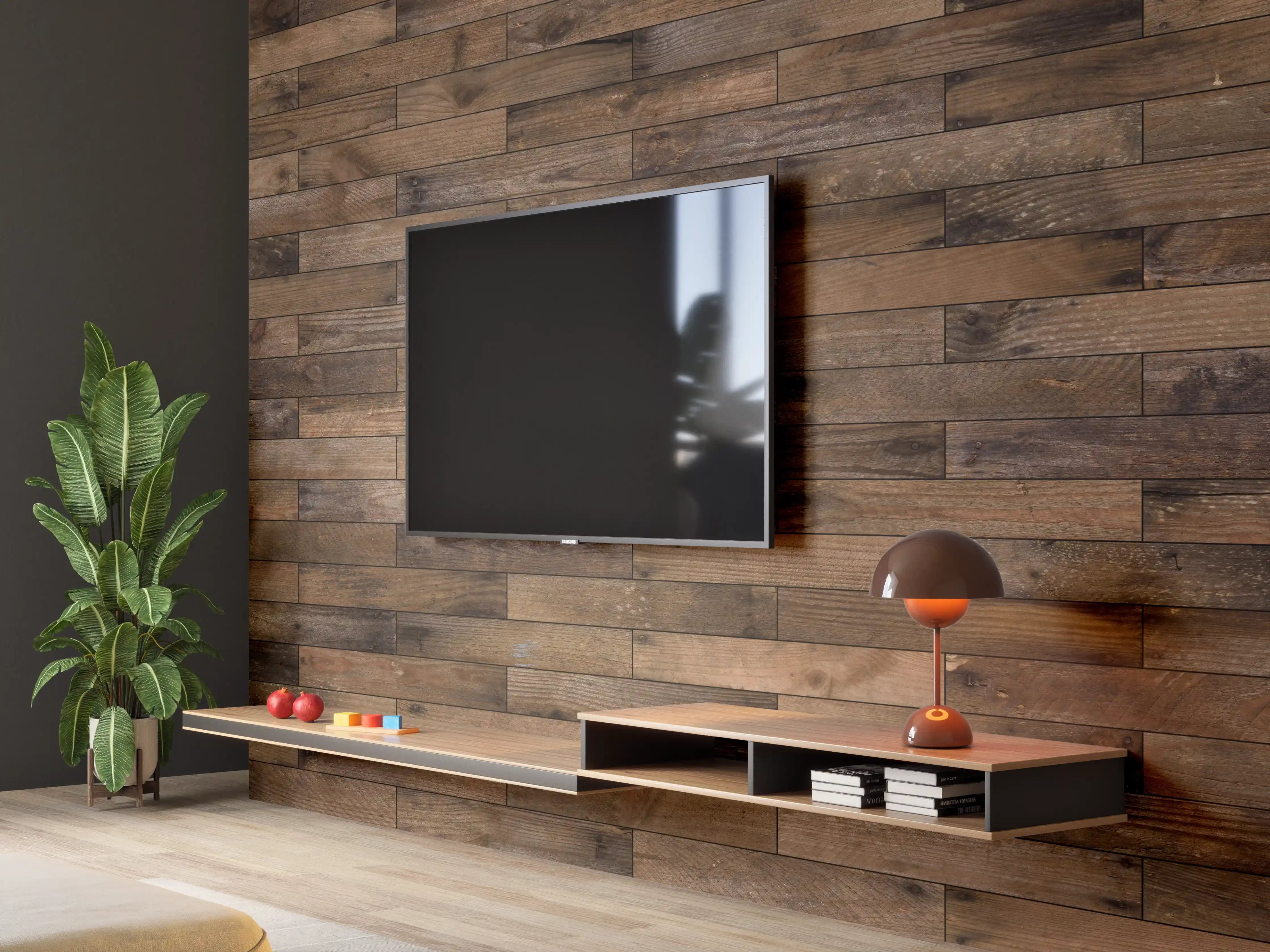 Wandverkleidung Wohnzimmer - Holzwand aus dunklem Holz
