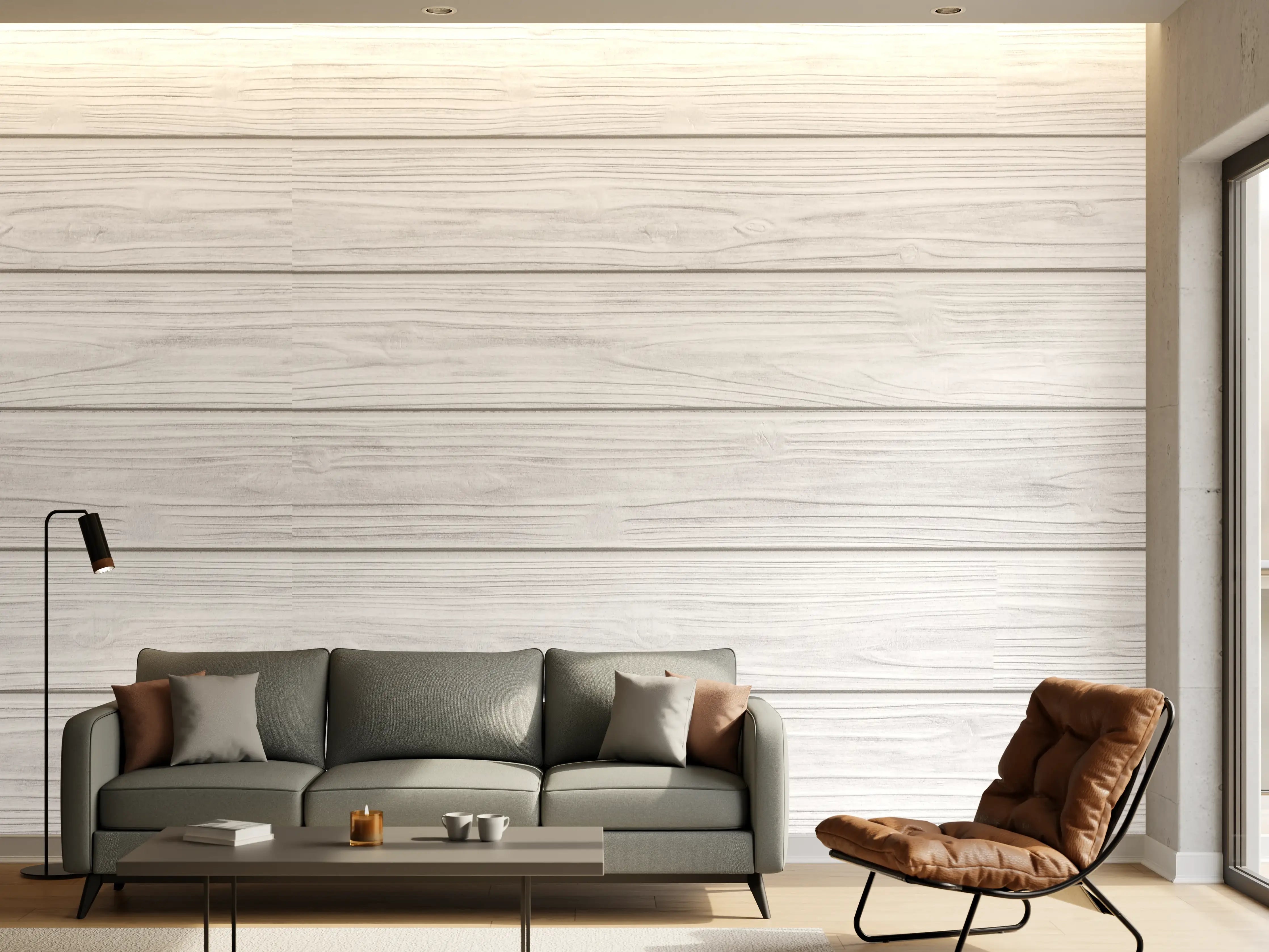 Wandverkleidung Wohnzimmer - Horizontale weiße Holztextur