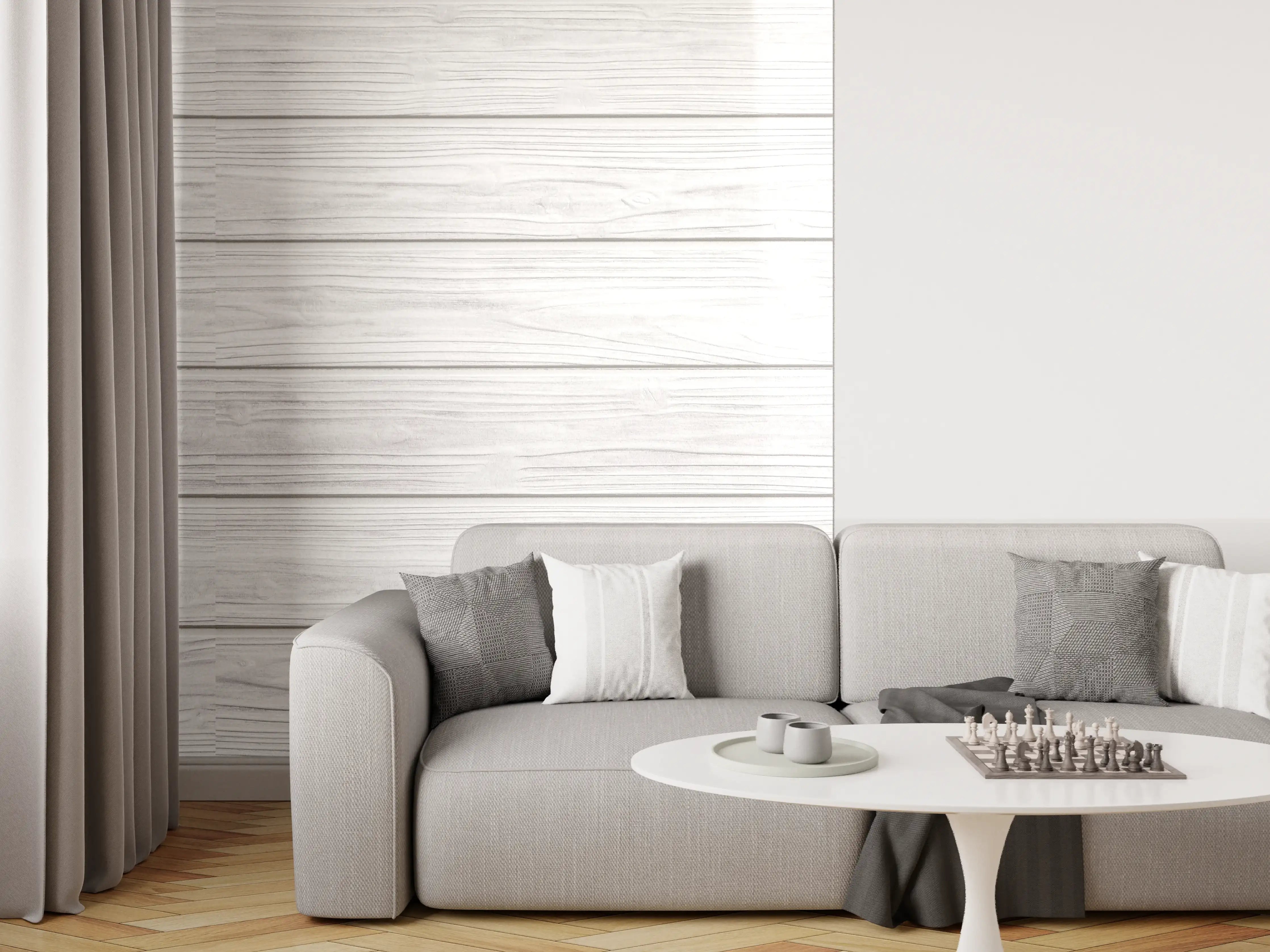 Wandverkleidung Wohnzimmer - Horizontale weiße Holztextur