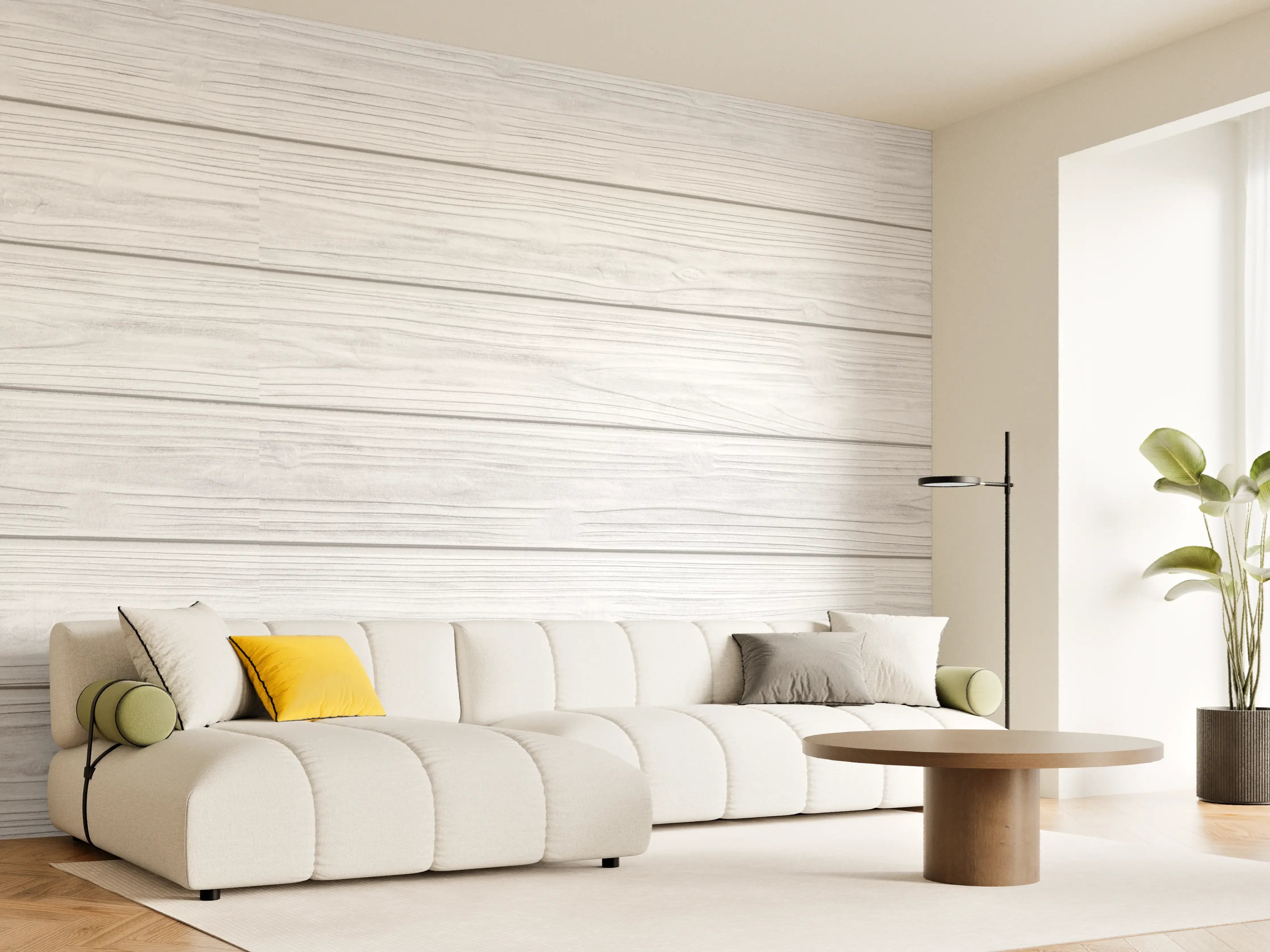 Wandverkleidung Wohnzimmer - Horizontale weiße Holztextur