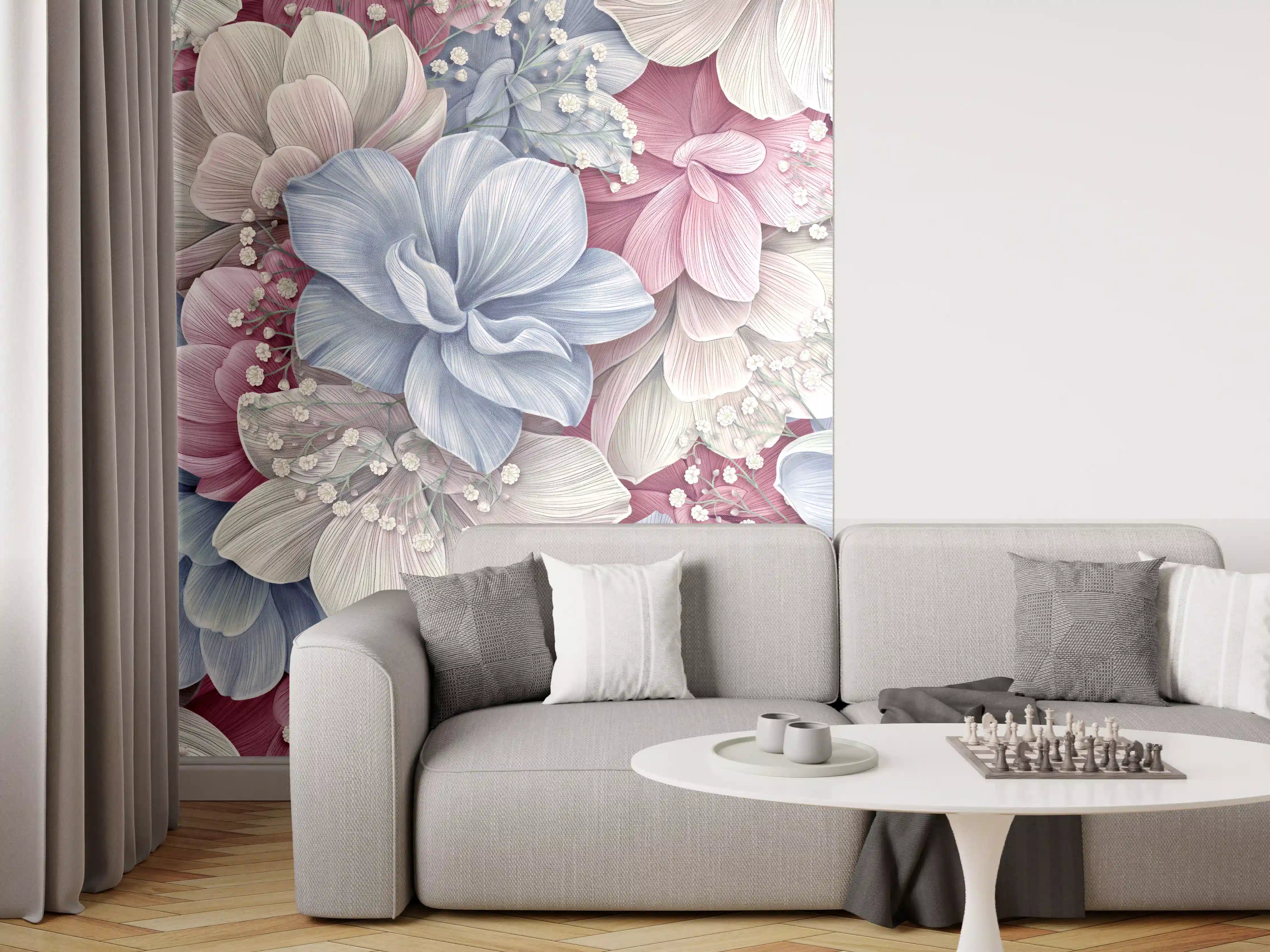 Wandverkleidung Wohnzimmer - Hortensienblüten - Aquarellmalerei