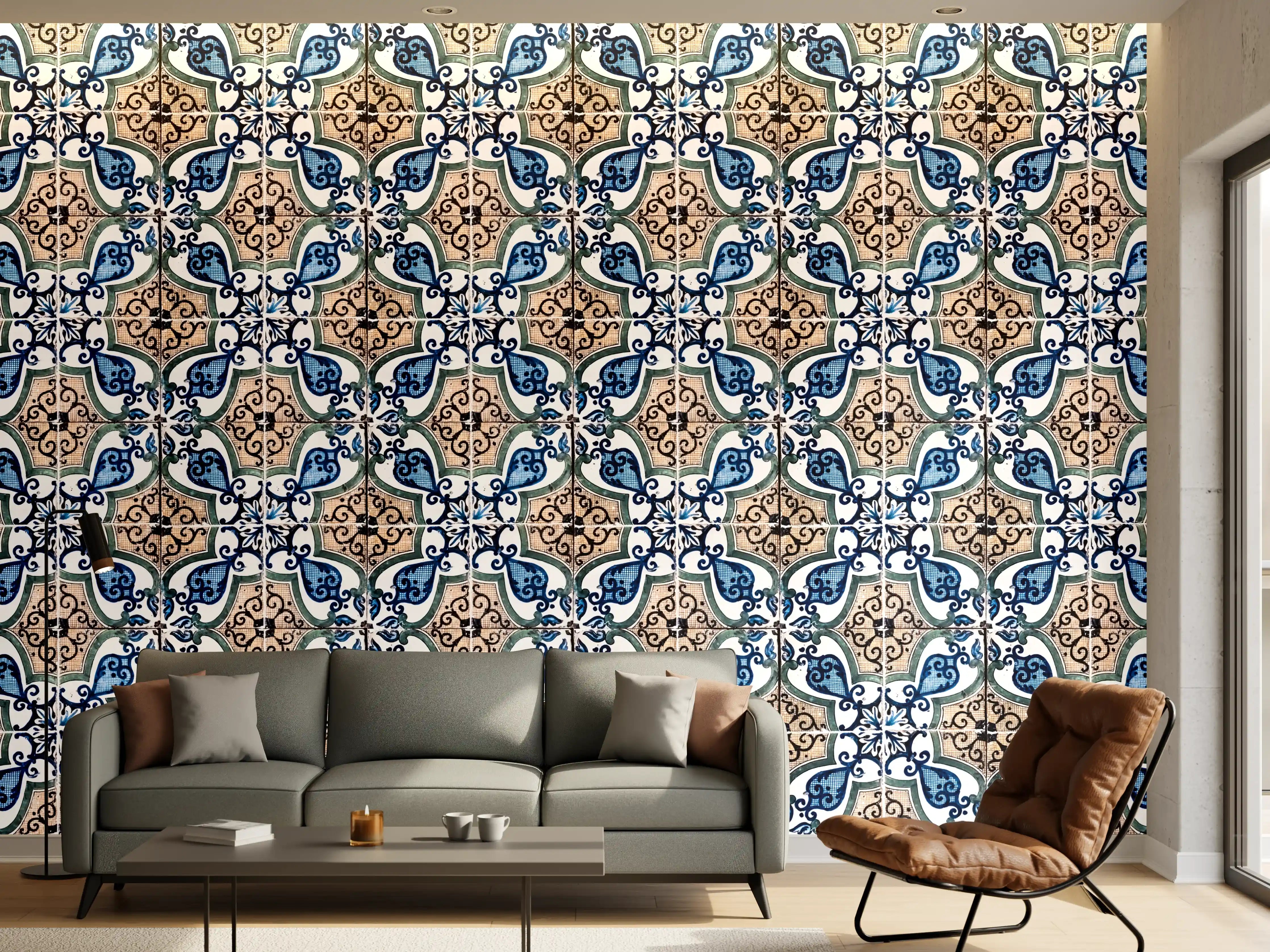 Wandverkleidung Wohnzimmer - Hübsches Fliesenmuster in Blau und Beige