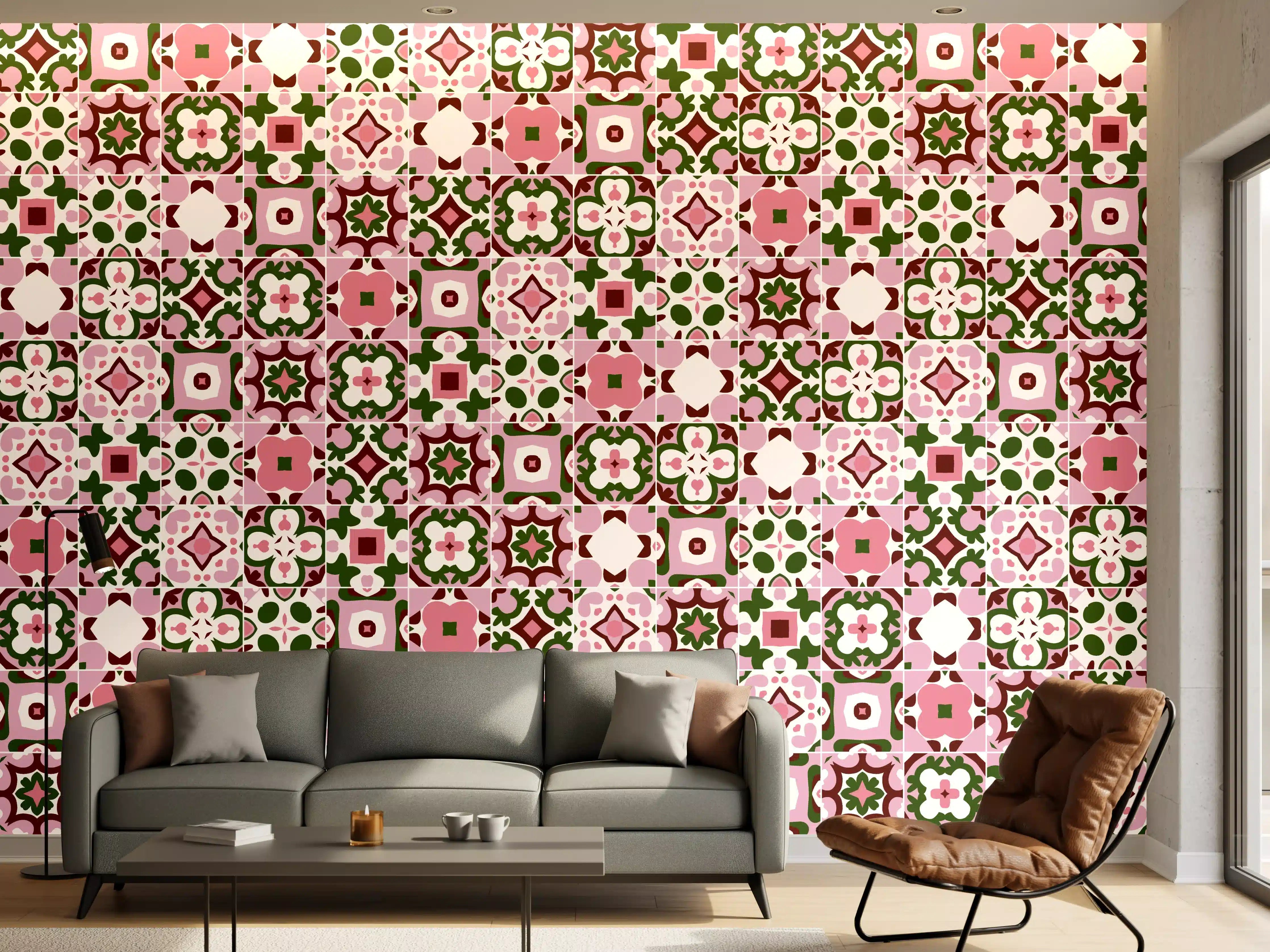 Wandverkleidung Wohnzimmer - Hübsches florales Muster in Rosa und Grün