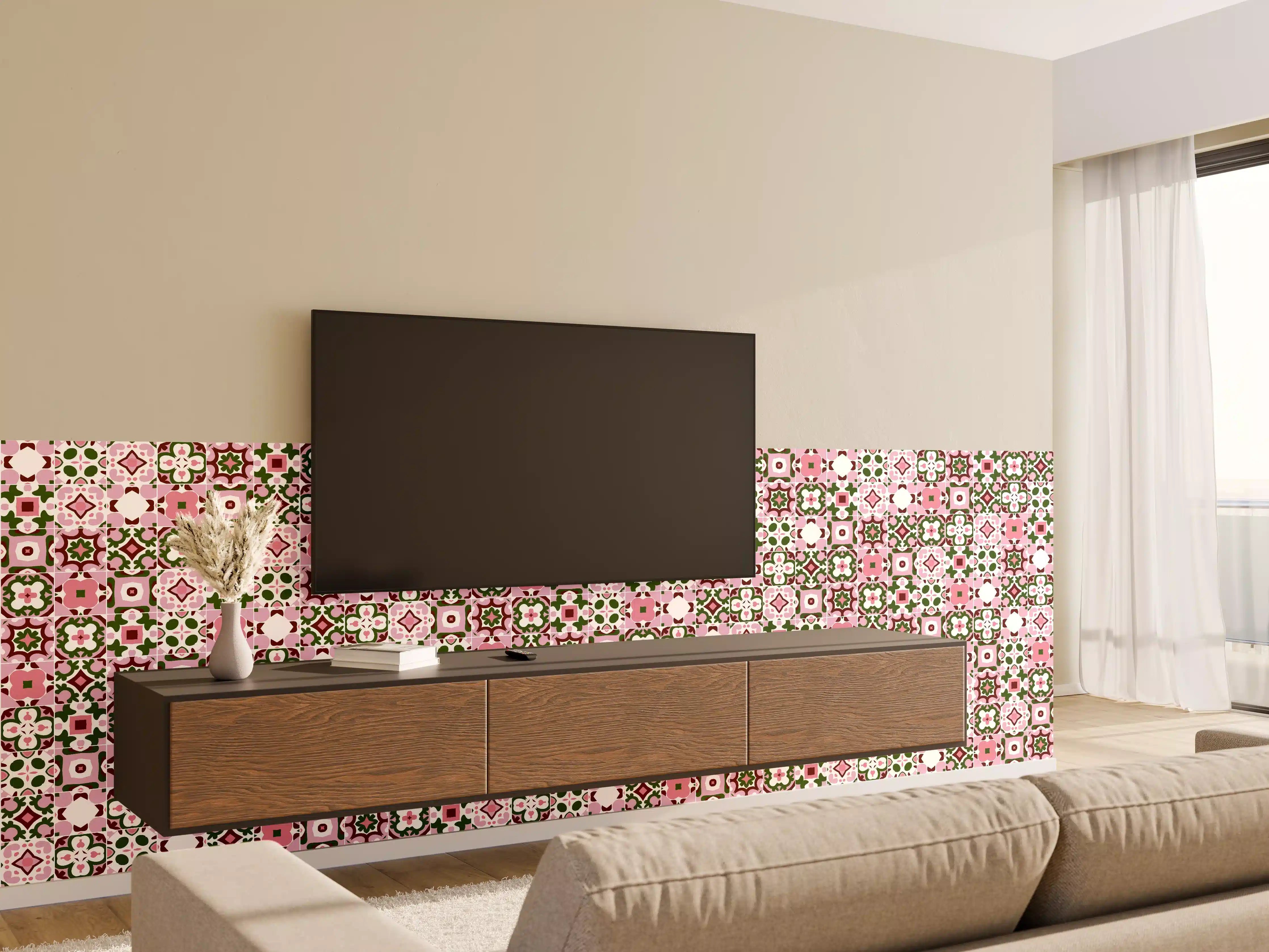 Wandverkleidung Wohnzimmer - Hübsches florales Muster in Rosa und Grün