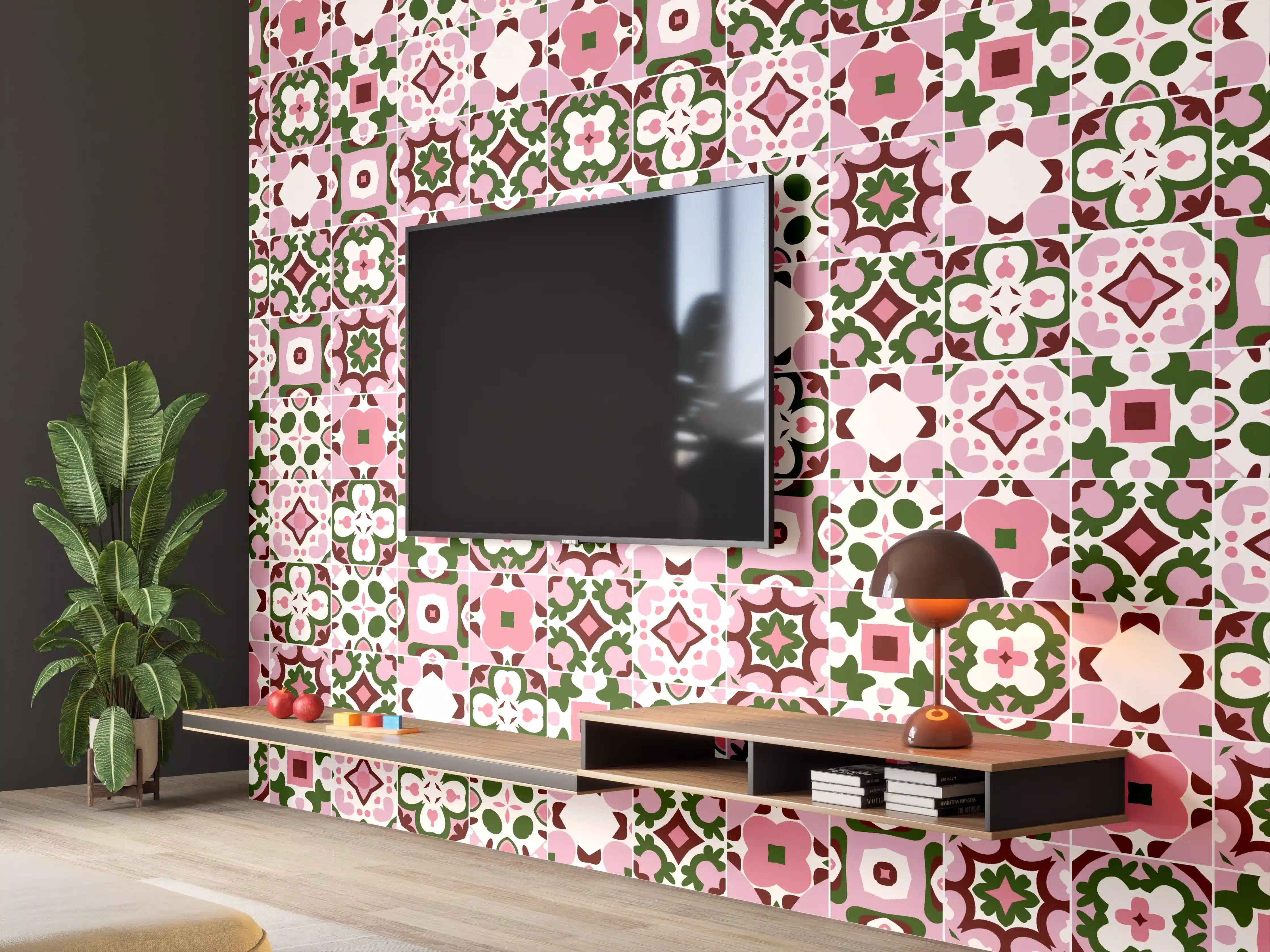 Wandverkleidung Wohnzimmer - Hübsches florales Muster in Rosa und Grün