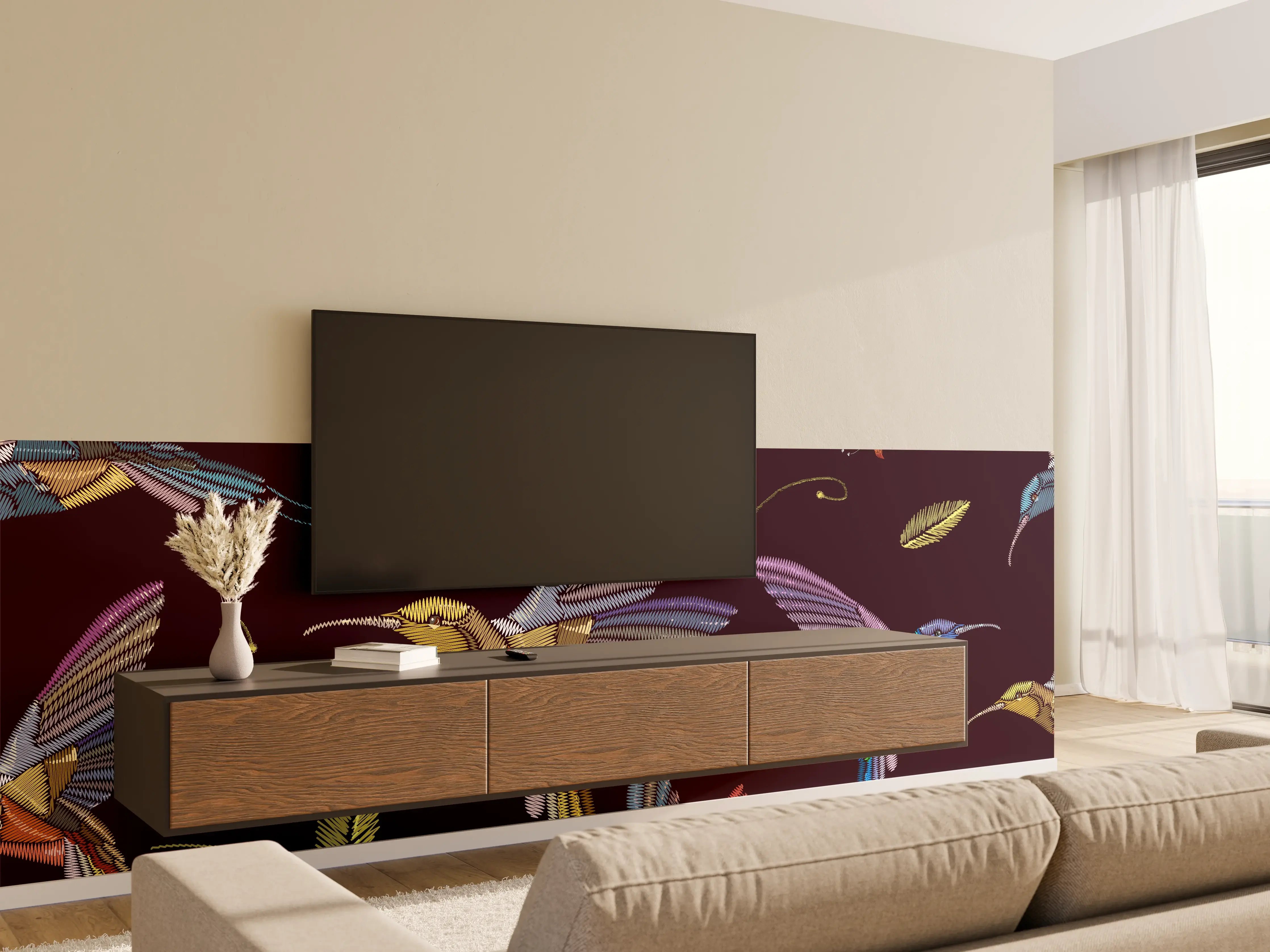 Wandverkleidung Wohnzimmer - Hummingbirds and Flowers - Vibrant Nature Pattern