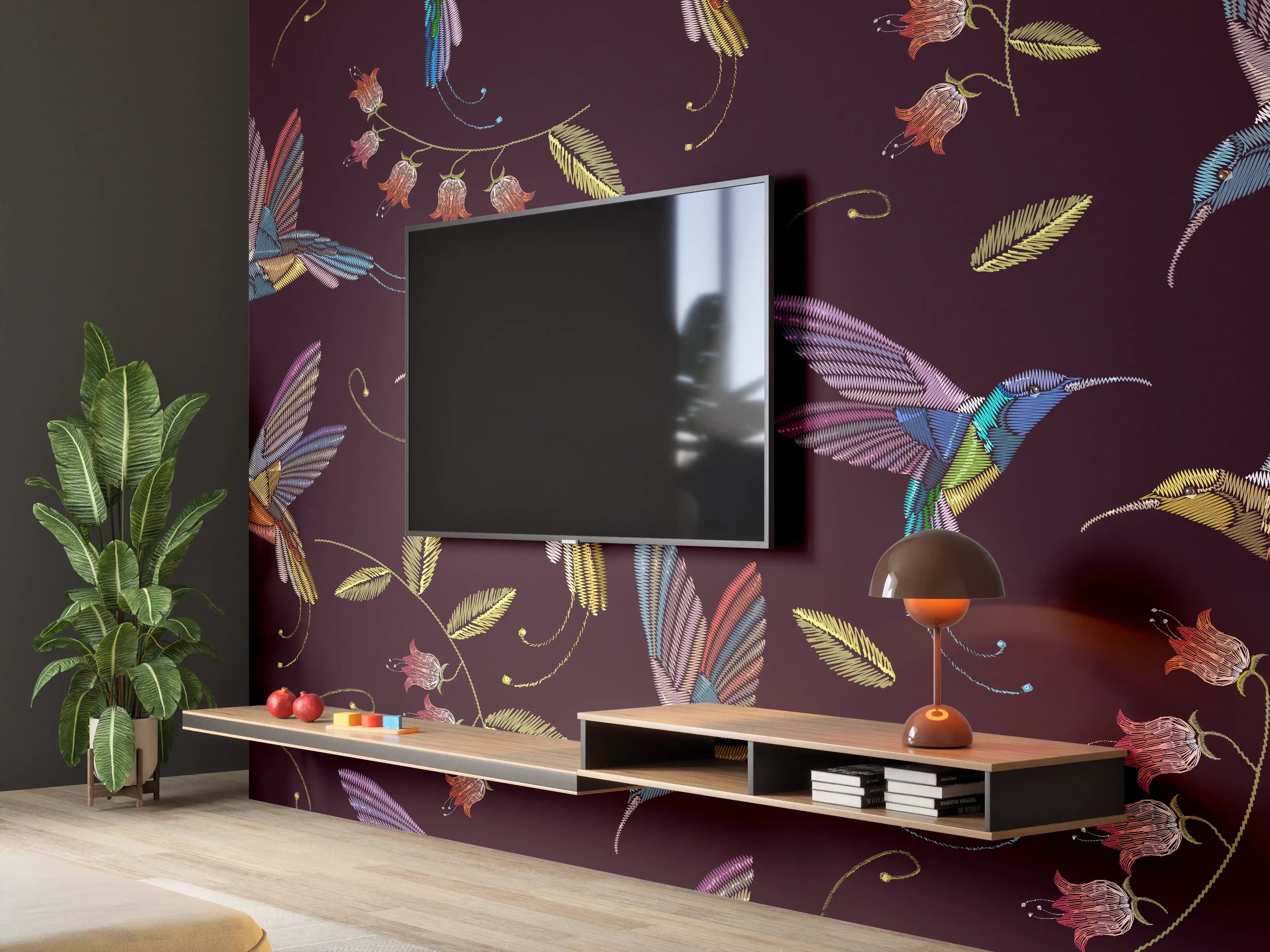 Wandverkleidung Wohnzimmer - Hummingbirds and Flowers - Vibrant Nature Pattern