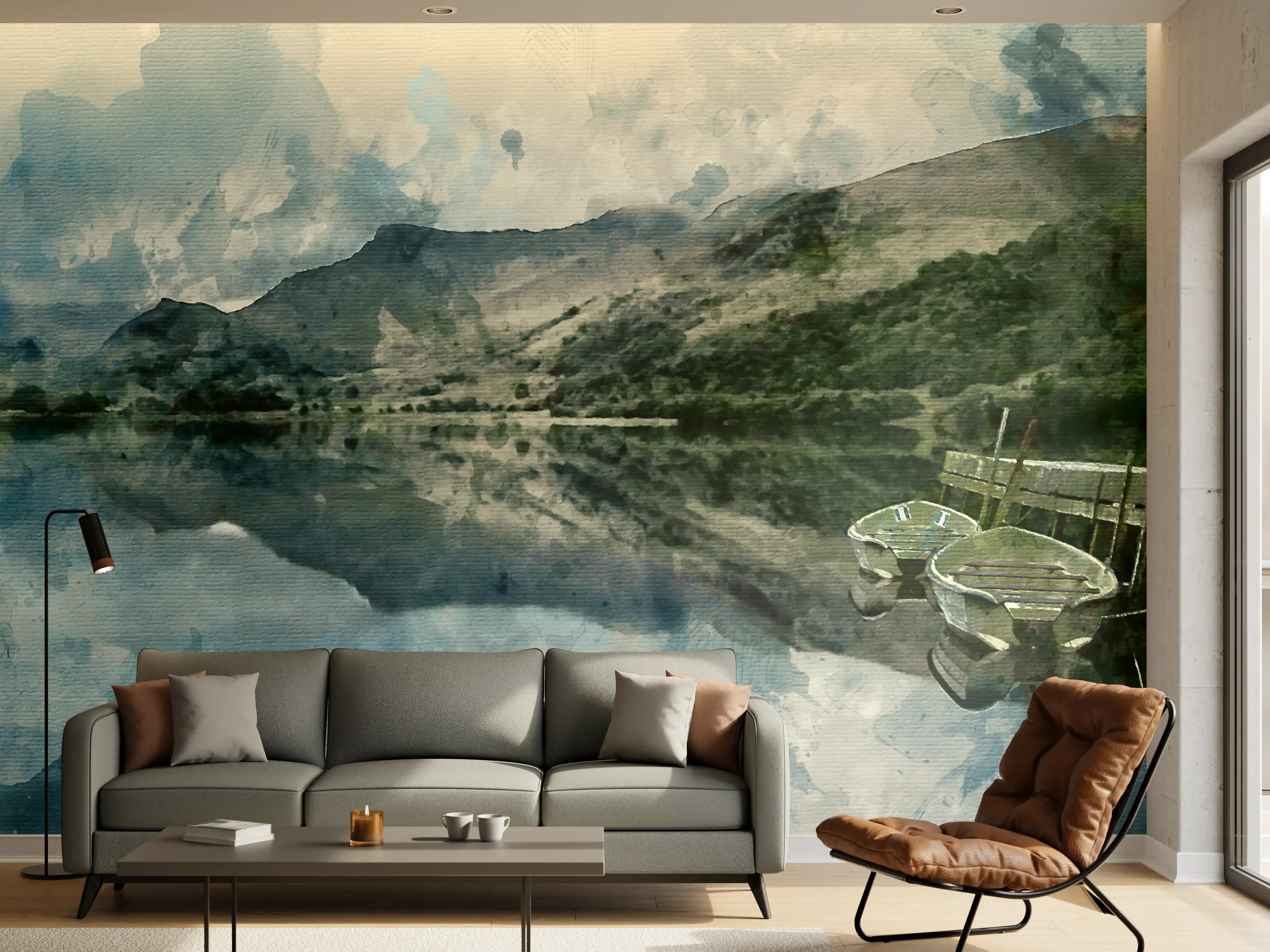 Wandverkleidung Wohnzimmer - Idyllische Badetaucherszene am See