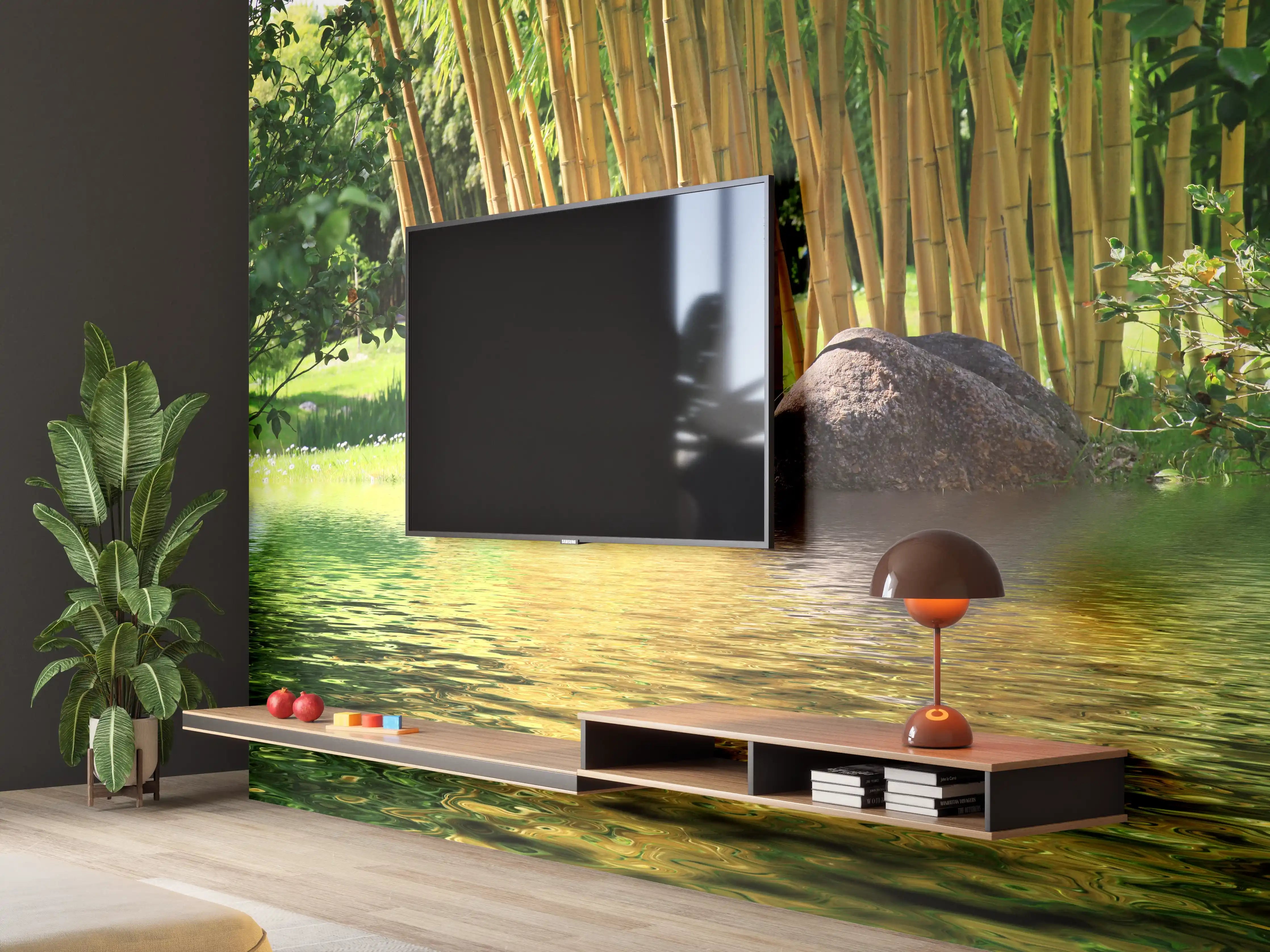 Wandverkleidung Wohnzimmer - Idyllische Bambus-Landschaft am Wasser