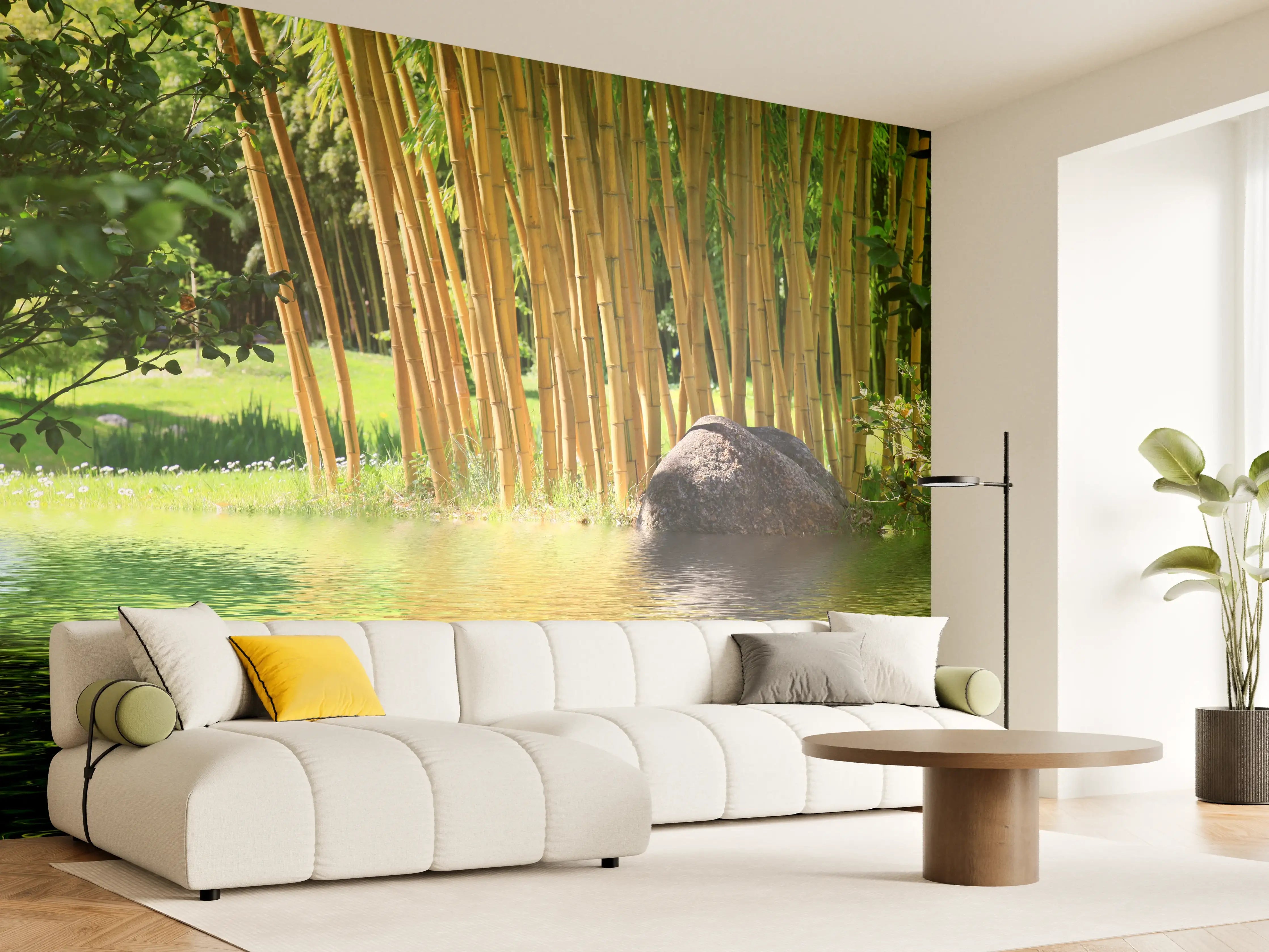 Wandverkleidung Wohnzimmer - Idyllische Bambus-Landschaft am Wasser