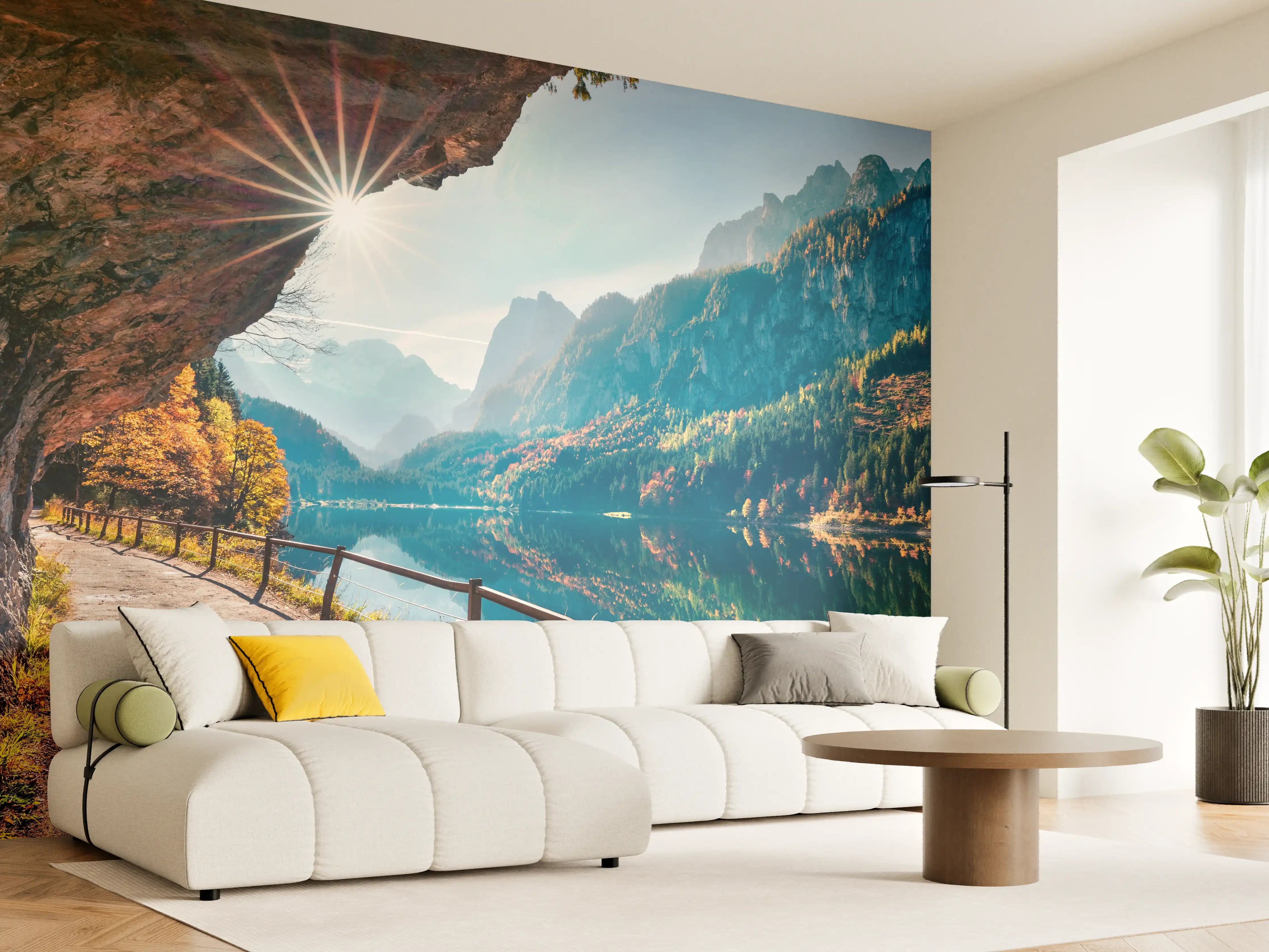 Wandverkleidung Wohnzimmer - Idyllische Berglandschaft am Wasser