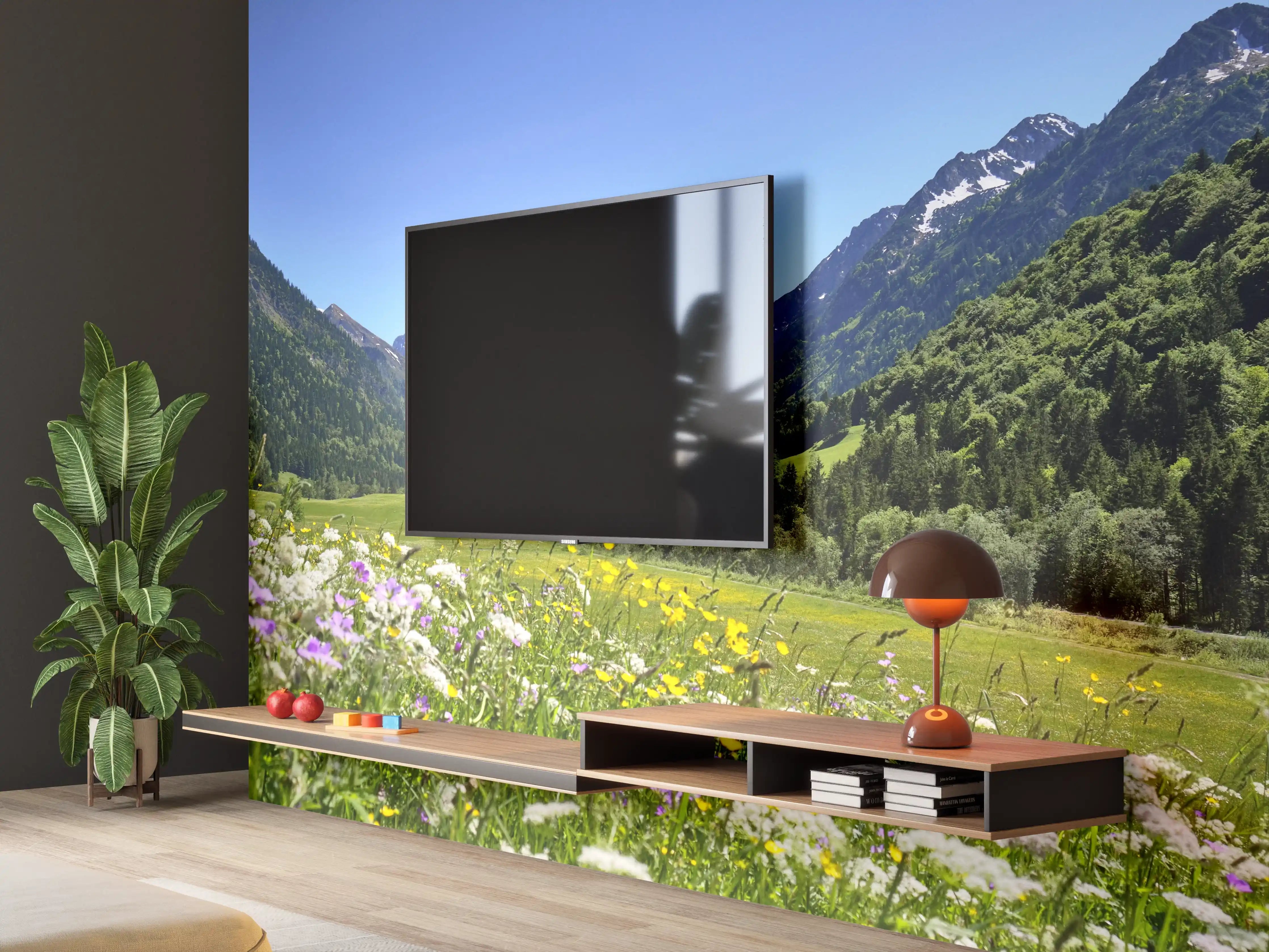 Wandverkleidung Wohnzimmer - Idyllische Berglandschaft im Frühling