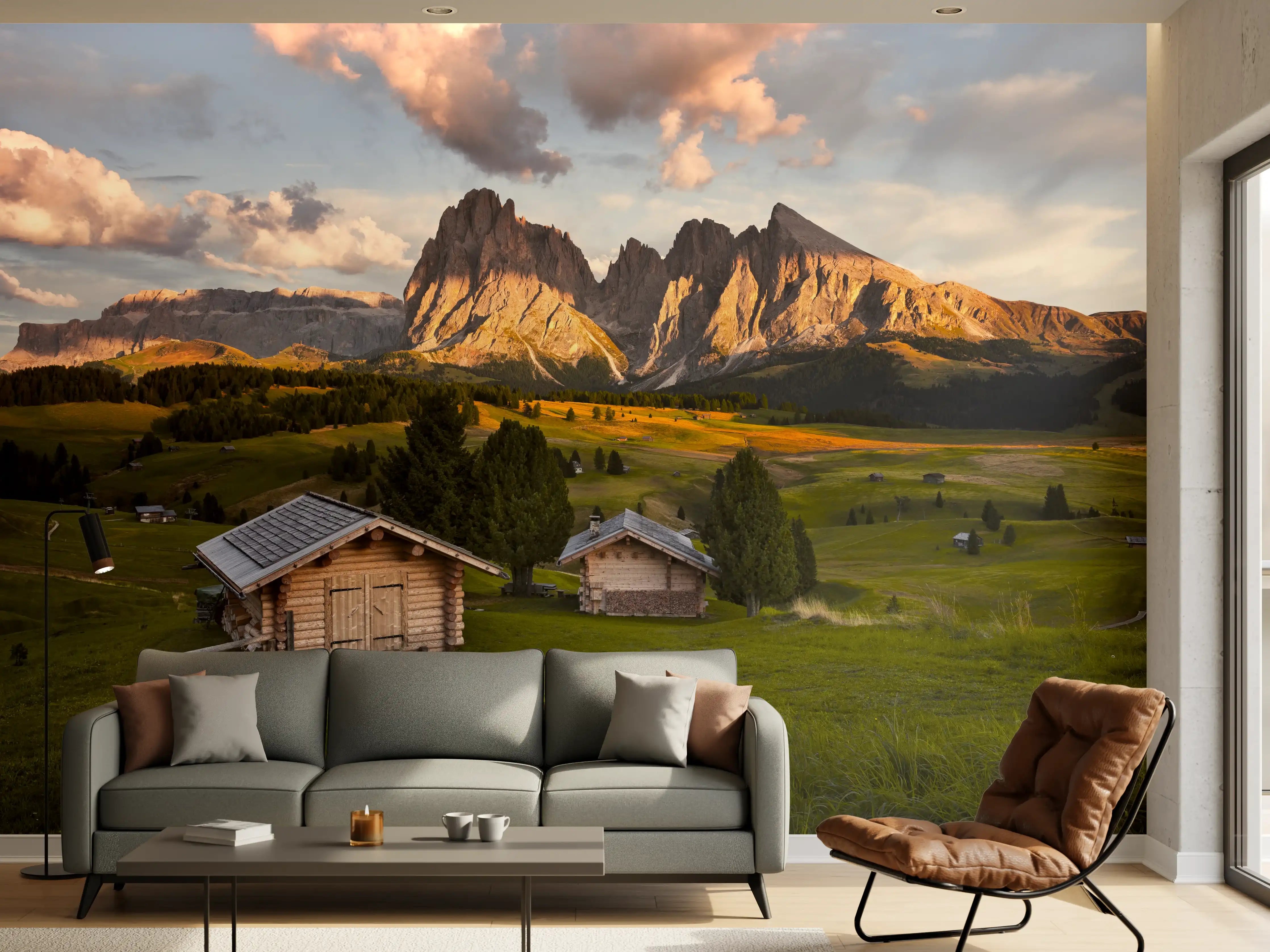 Wandverkleidung Wohnzimmer - Idyllische Berglandschaft mit Holzhütten bei Sonnenuntergang