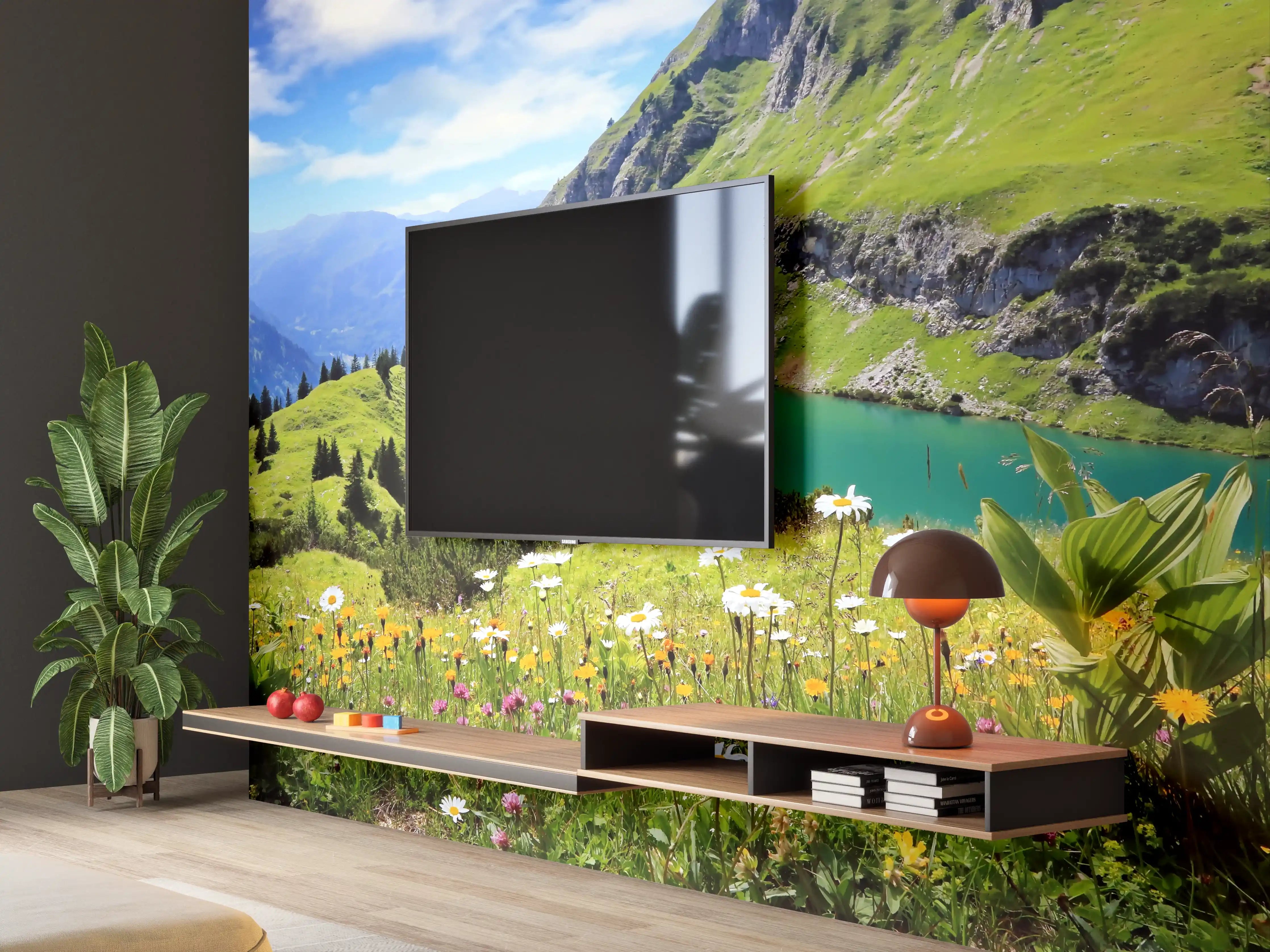 Wandverkleidung Wohnzimmer - Idyllische Berglandschaft mit See und Blumenwiese
