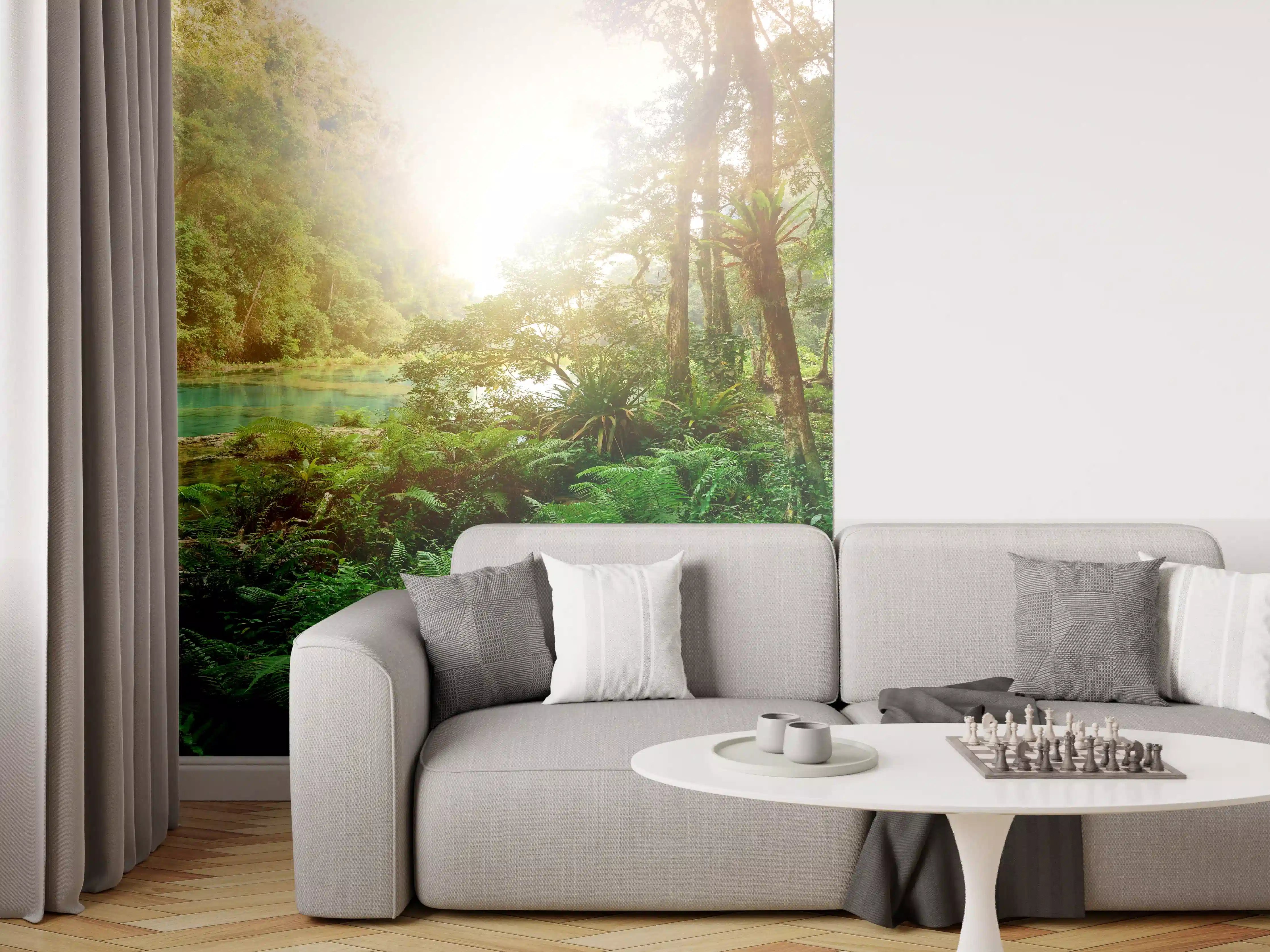 Wandverkleidung Wohnzimmer - Idyllische Dschungellandschaft mit See