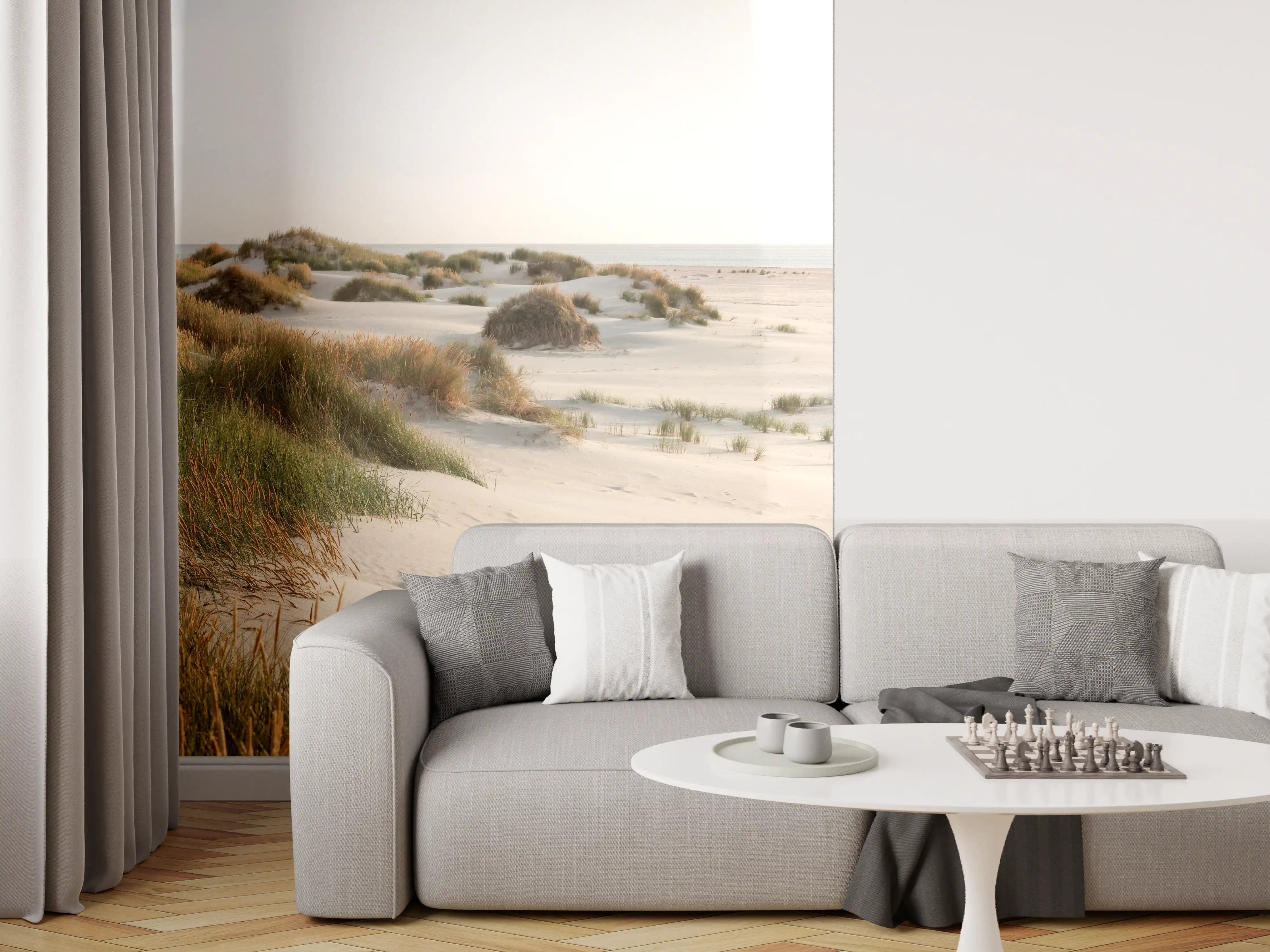 Wandverkleidung Wohnzimmer - Idyllische Küstenlandschaft mit Strandsand