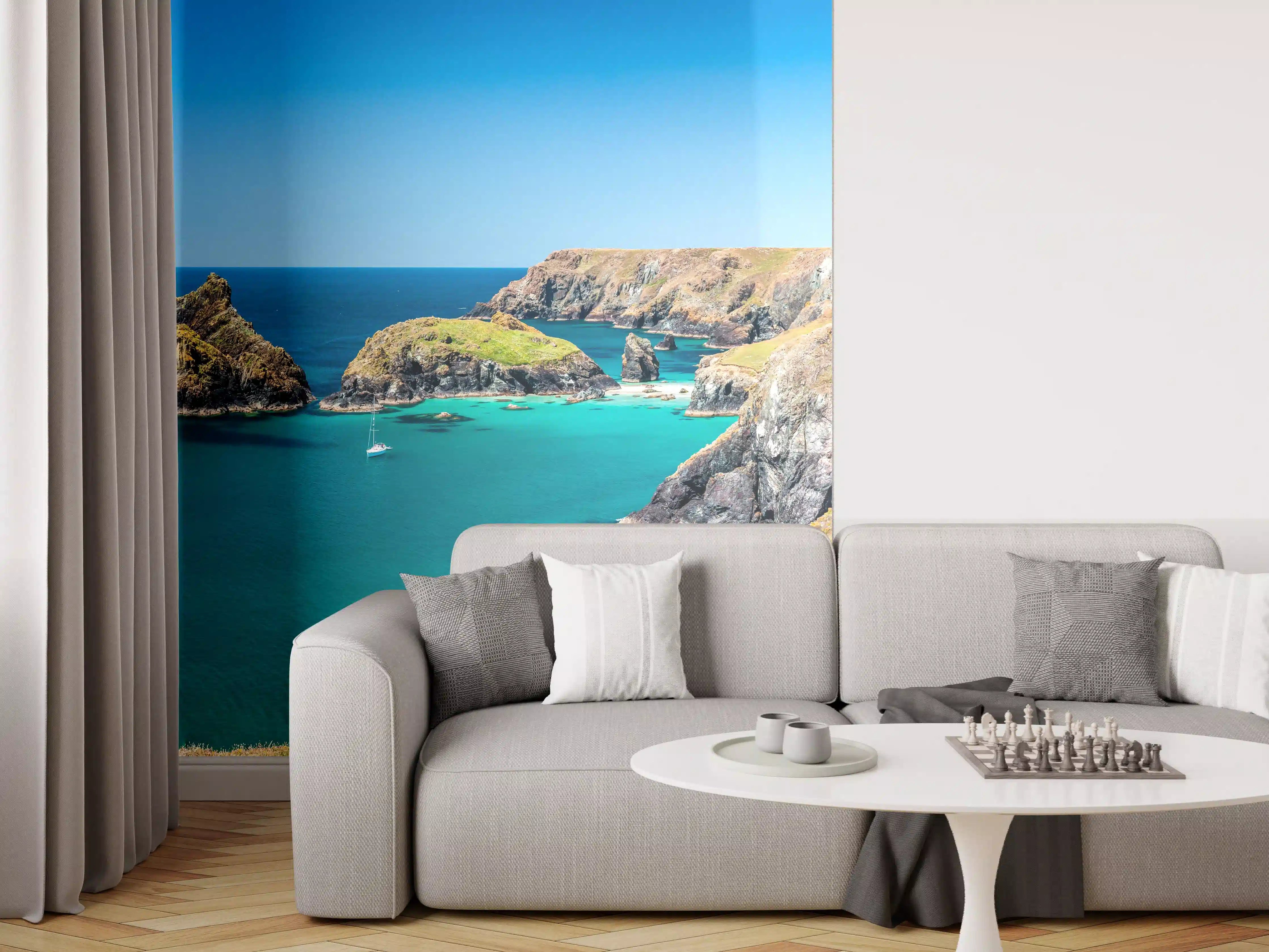 Wandverkleidung Wohnzimmer - Idyllische Küstenlandschaft mit Türkisblauem Wasser