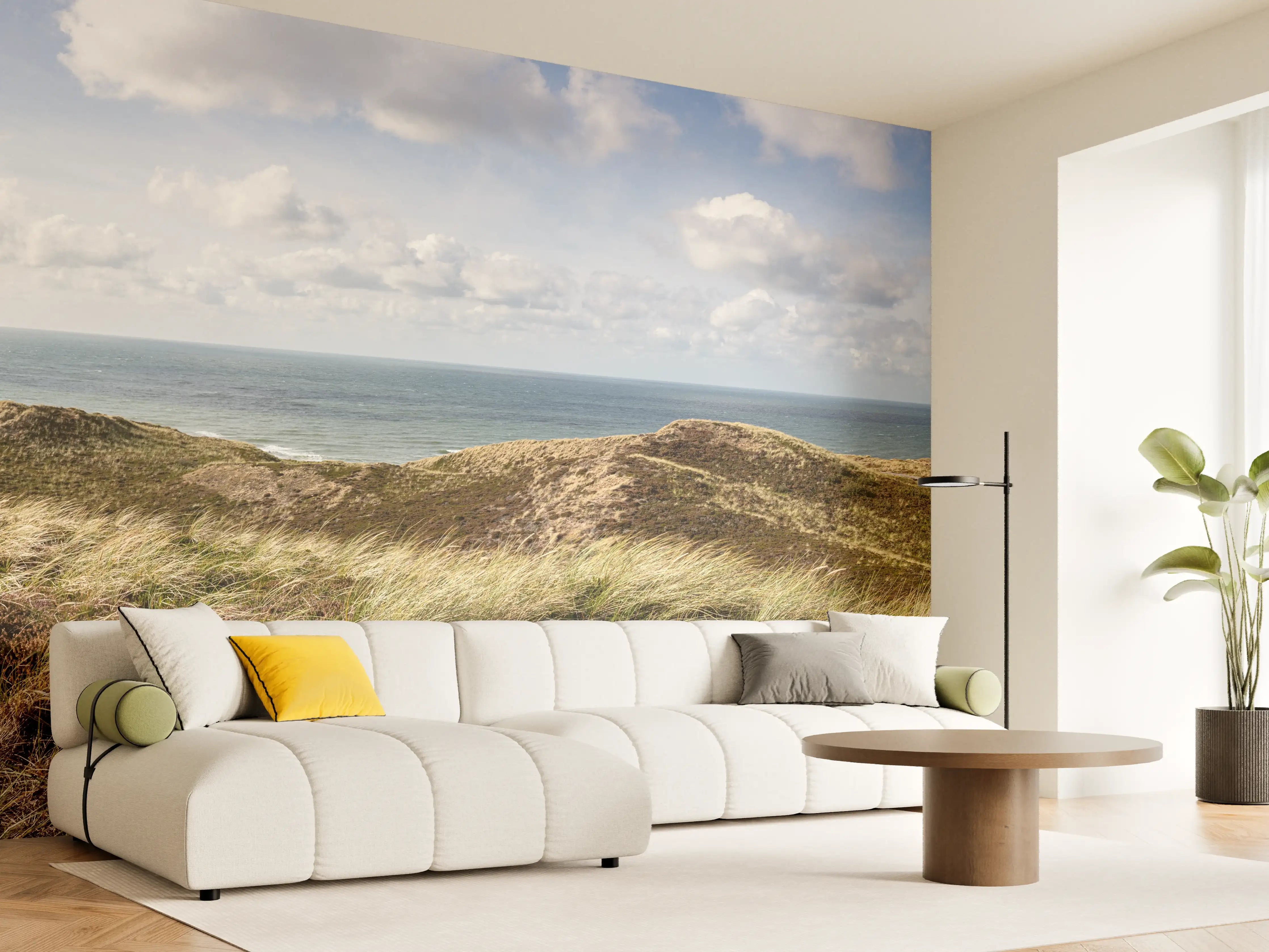 Wandverkleidung Wohnzimmer - Idyllische Küstenlandschaft mit sanften Hügeln