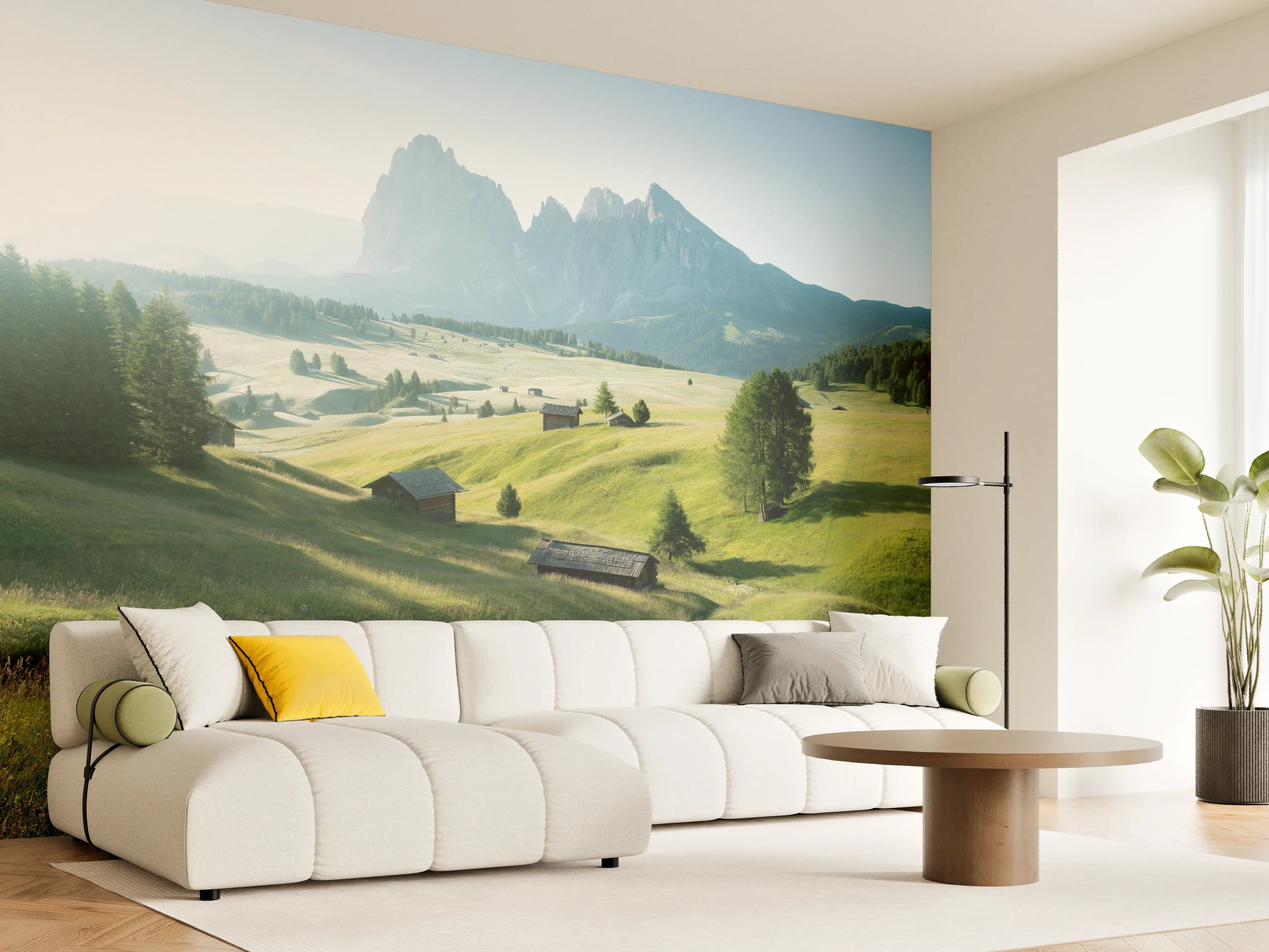 Wandverkleidung Wohnzimmer - Idyllische Landschaft mit Bergen und Wiesen