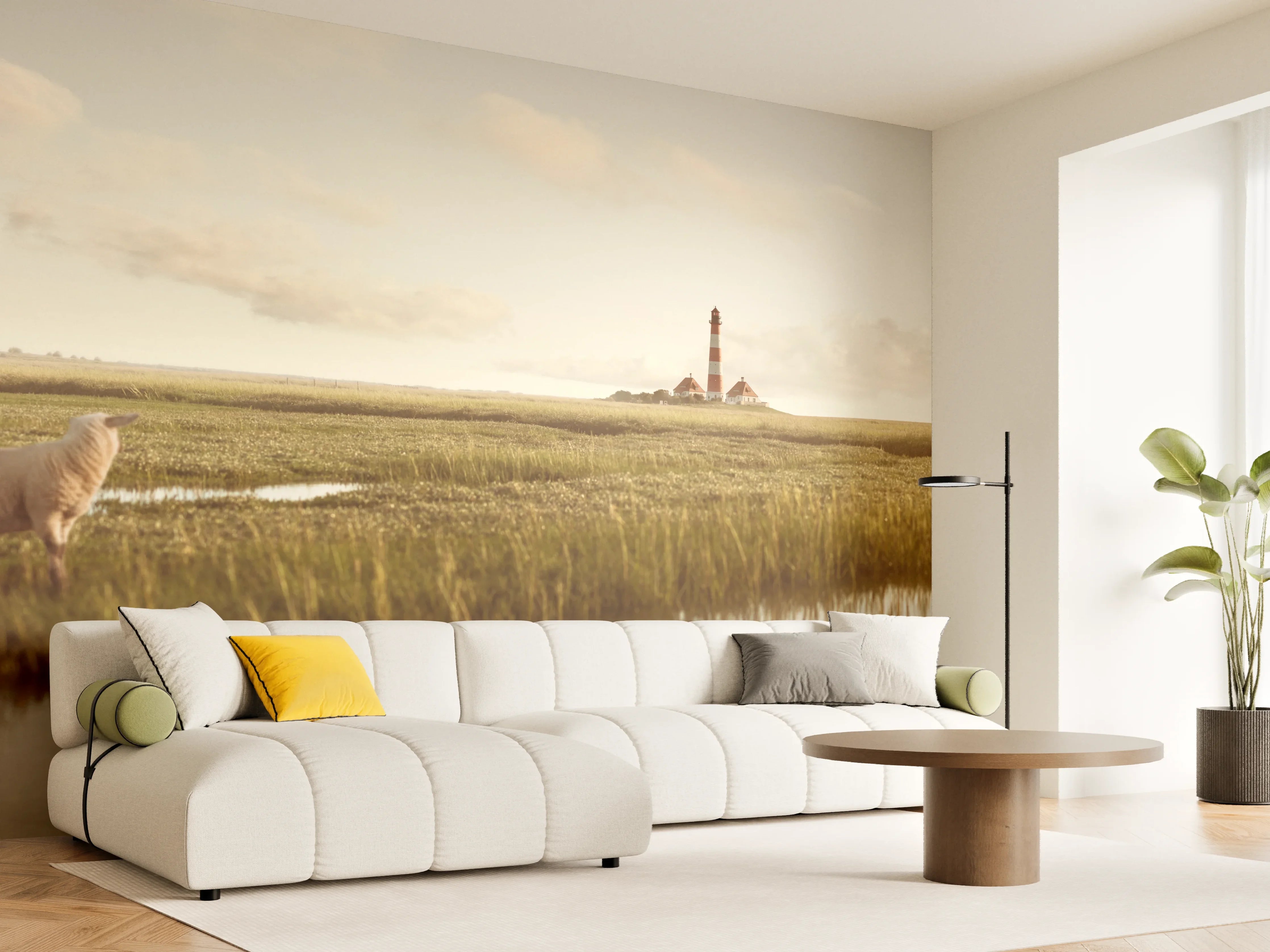 Wandverkleidung Wohnzimmer - Idyllische Landschaft mit Leuchtturm und Schafen