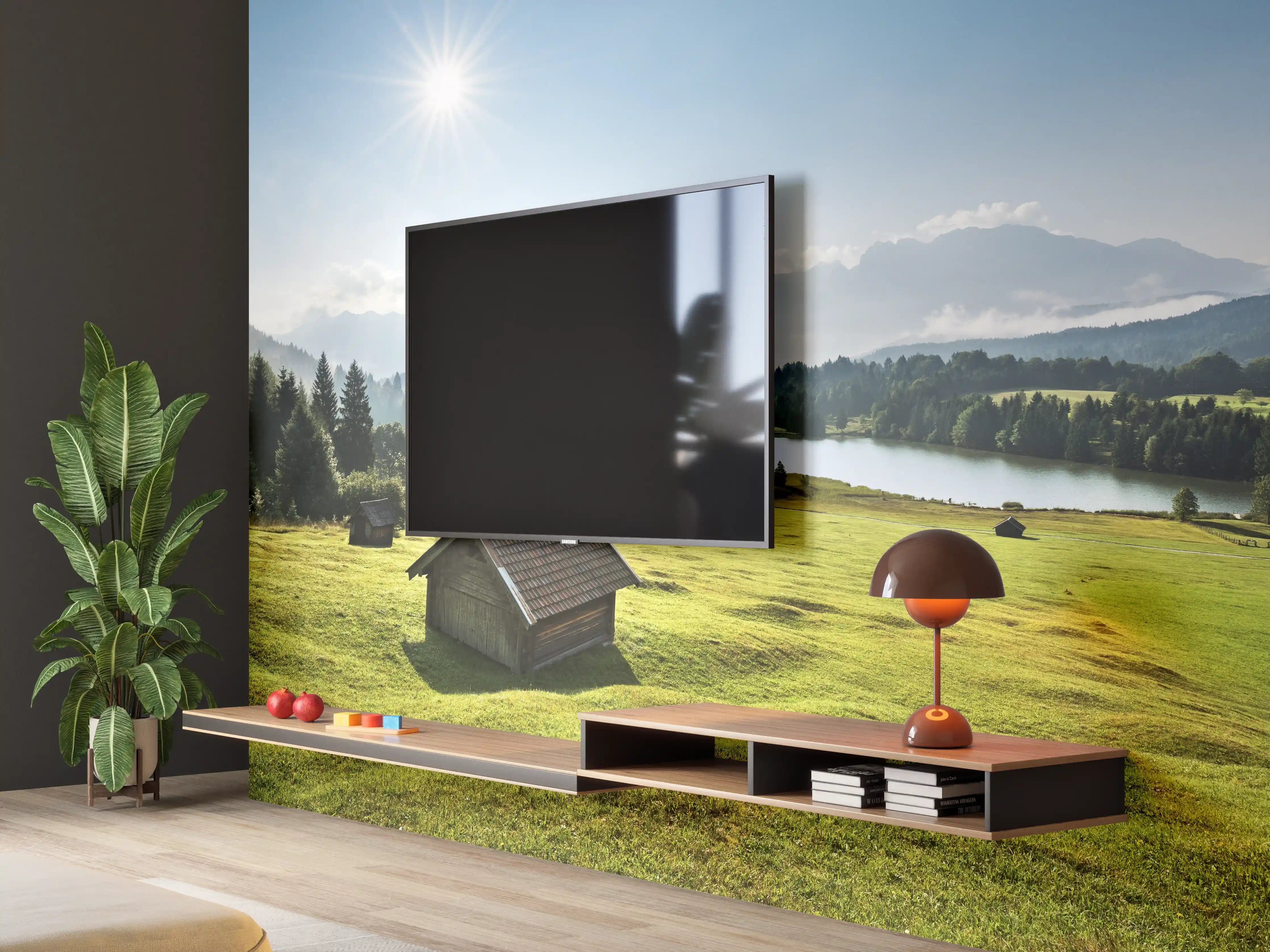 Wandverkleidung Wohnzimmer - Idyllische Landschaft mit einer Hütte und Fluss