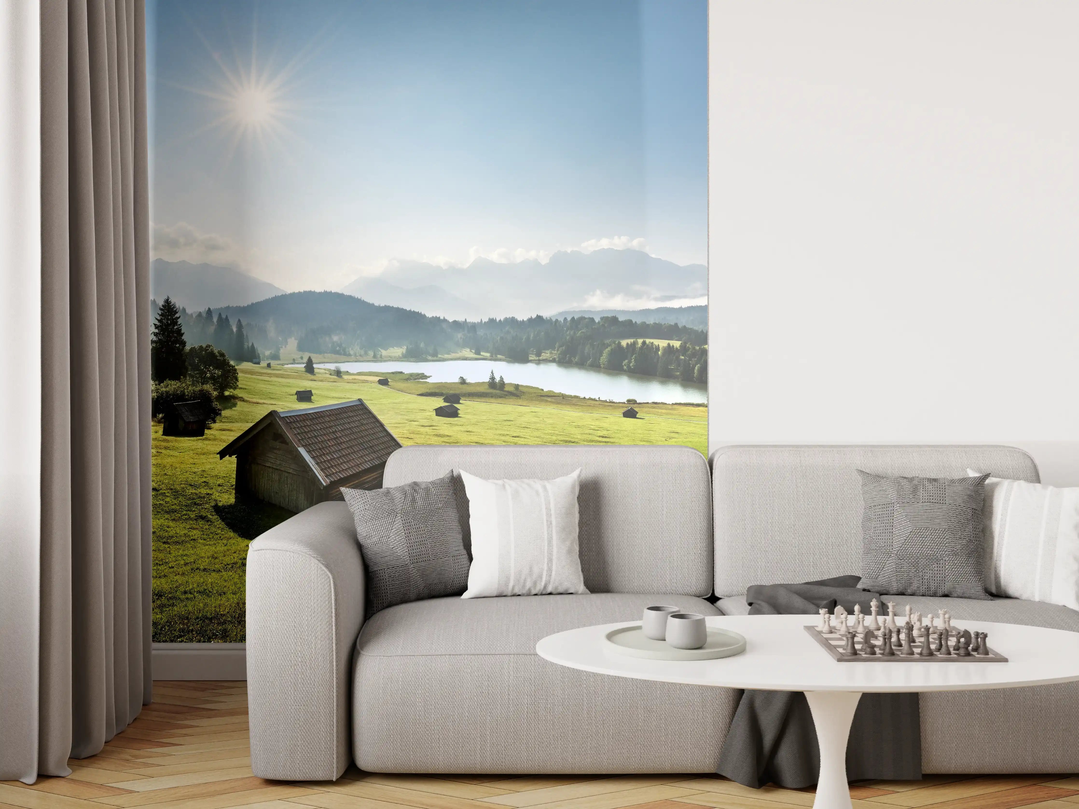 Wandverkleidung Wohnzimmer - Idyllische Landschaft mit einer Hütte und Fluss