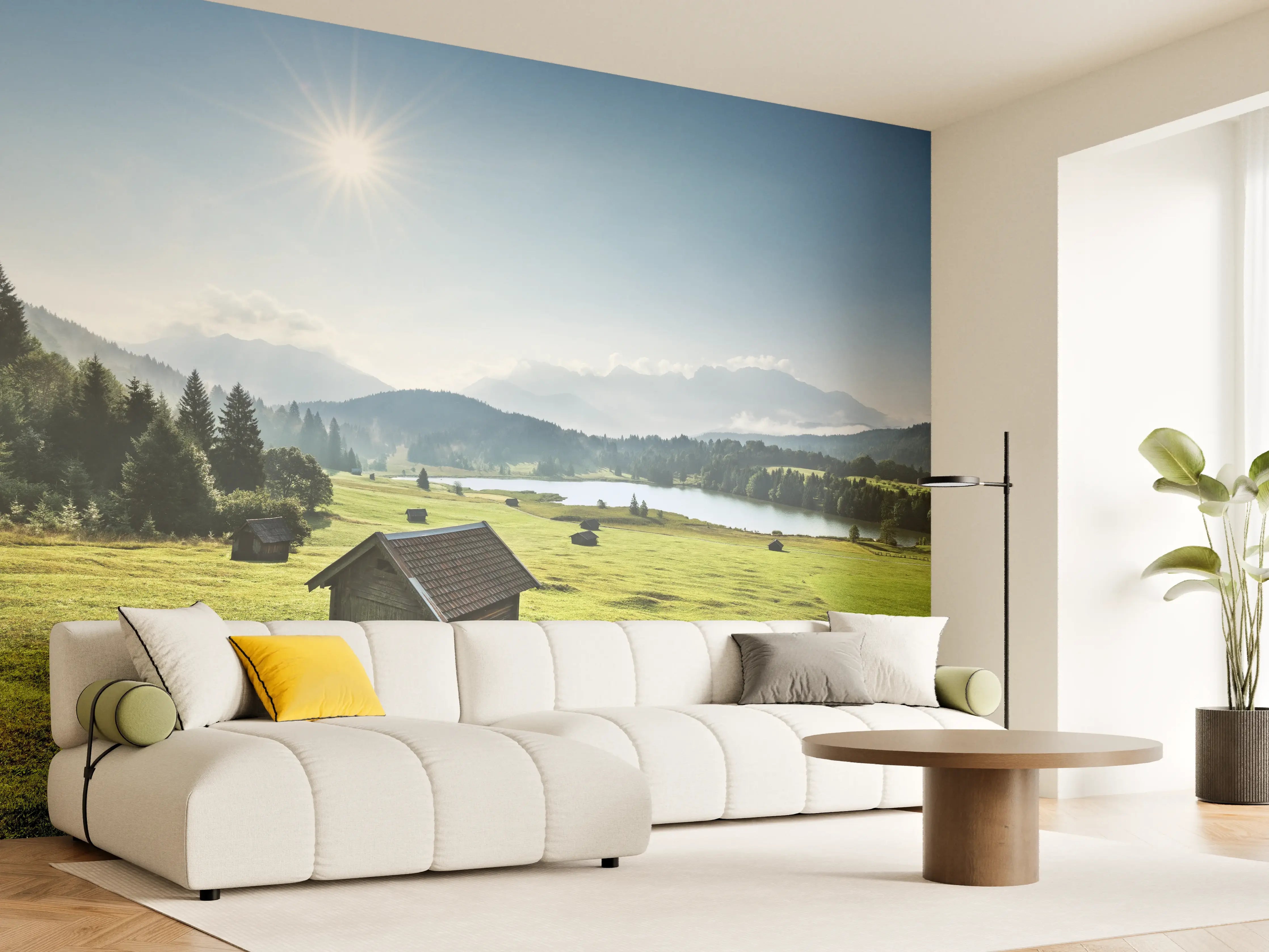 Wandverkleidung Wohnzimmer - Idyllische Landschaft mit einer Hütte und Fluss