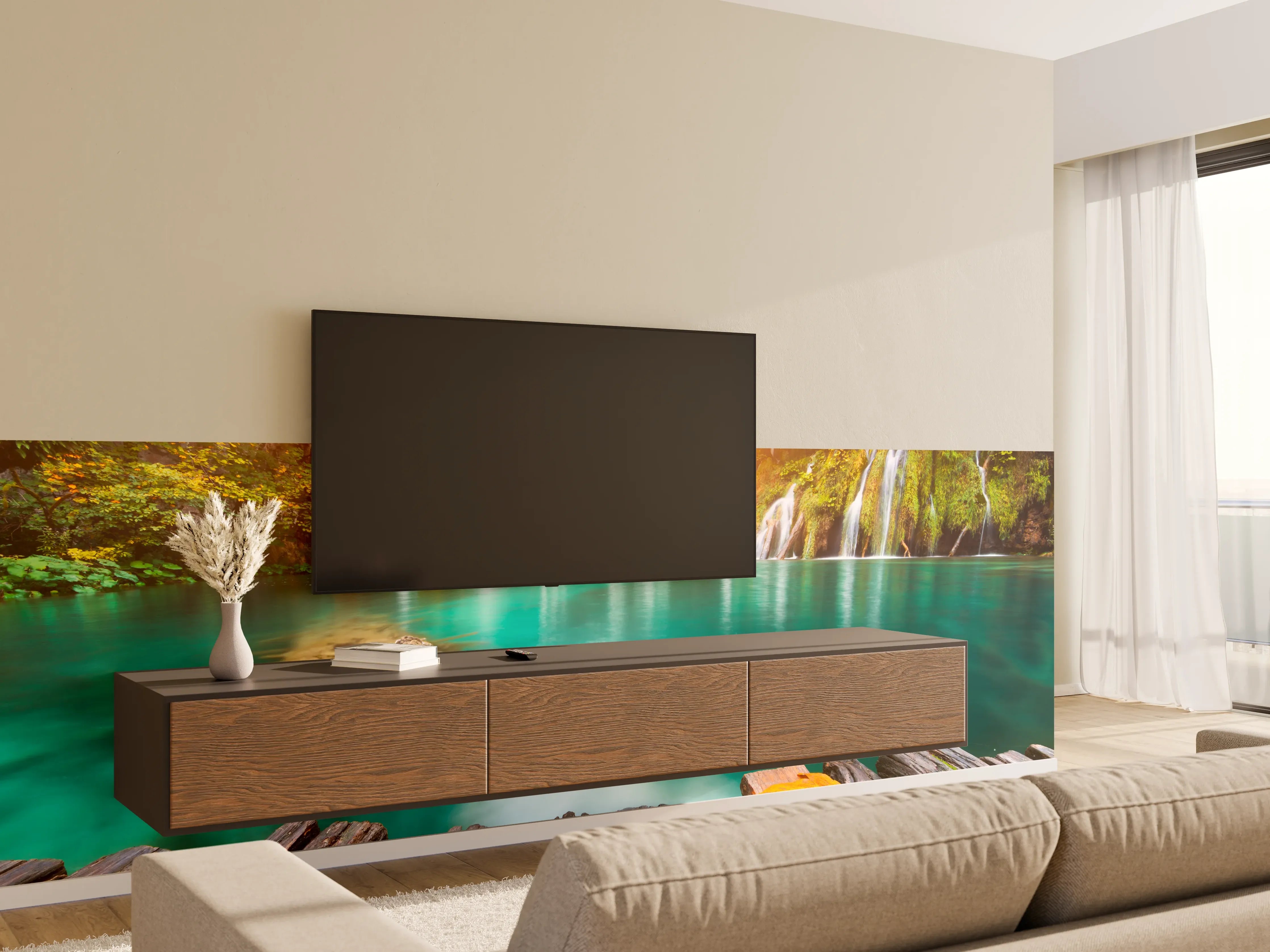 Wandverkleidung Wohnzimmer - Idyllische Naturlandschaft mit Wasserfall und Herbstlaub