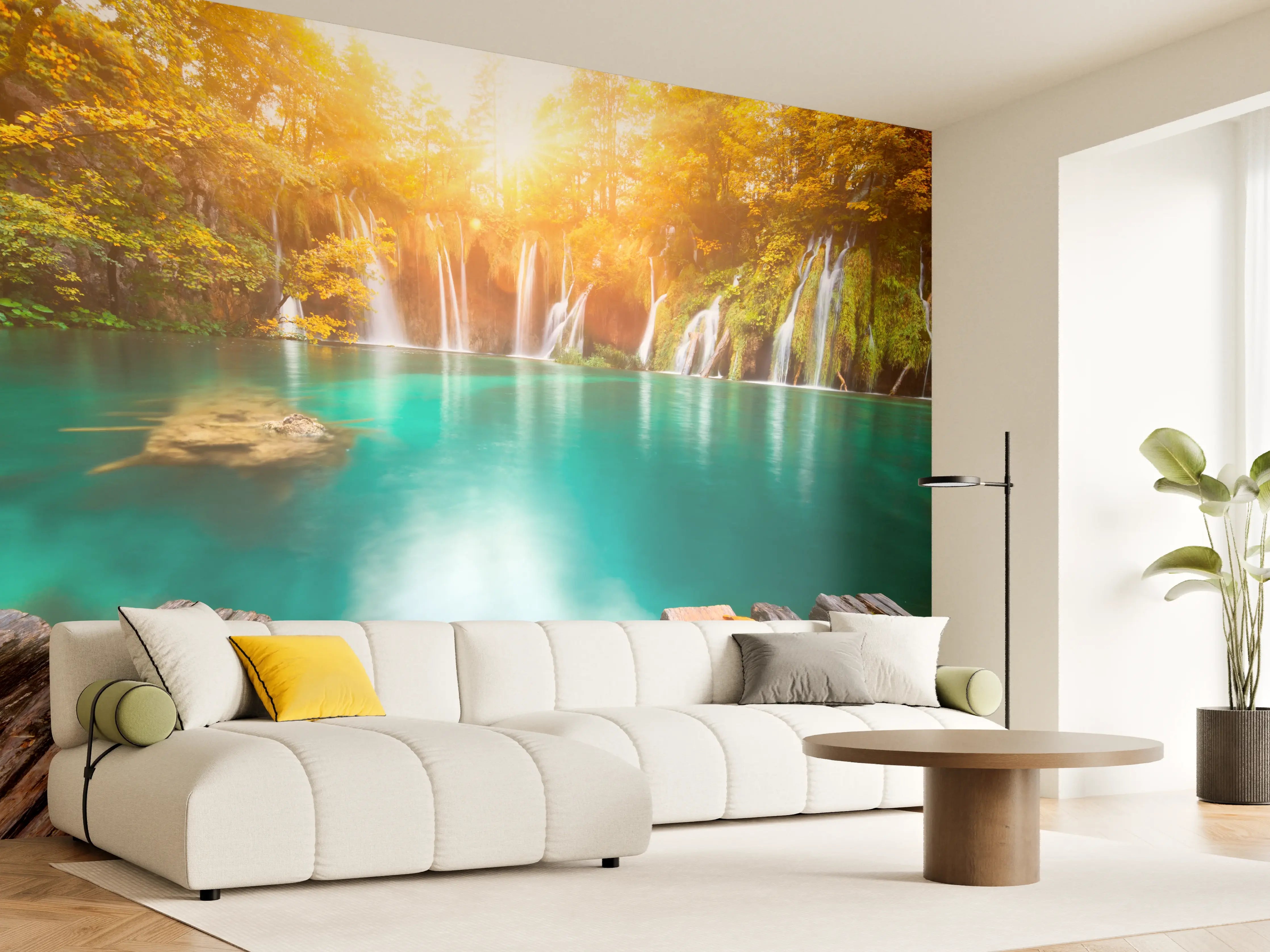 Wandverkleidung Wohnzimmer - Idyllische Naturlandschaft mit Wasserfall und Herbstlaub