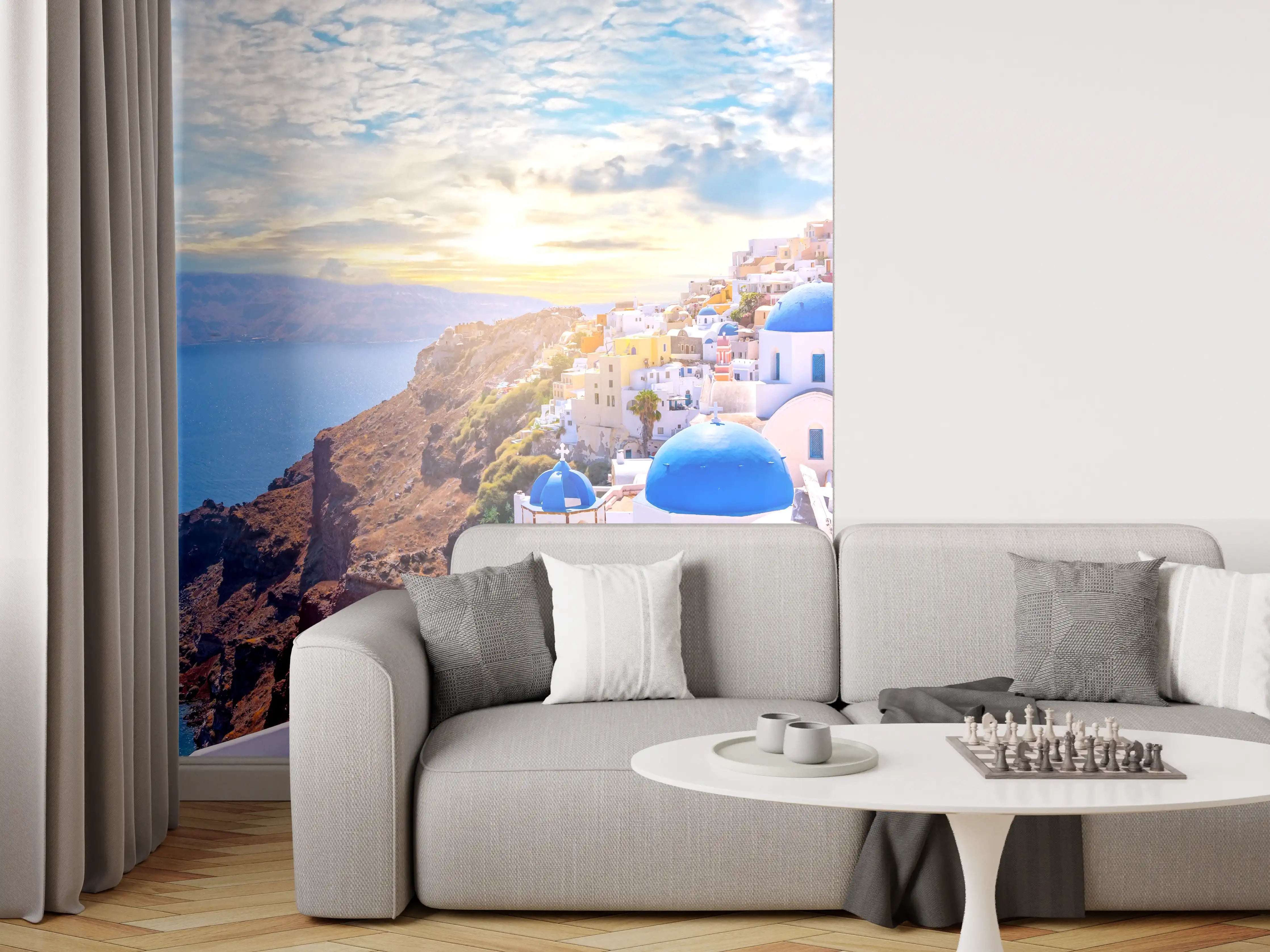 Wandverkleidung Wohnzimmer - Idyllische Santorini Küstenansicht bei Sonnenuntergang