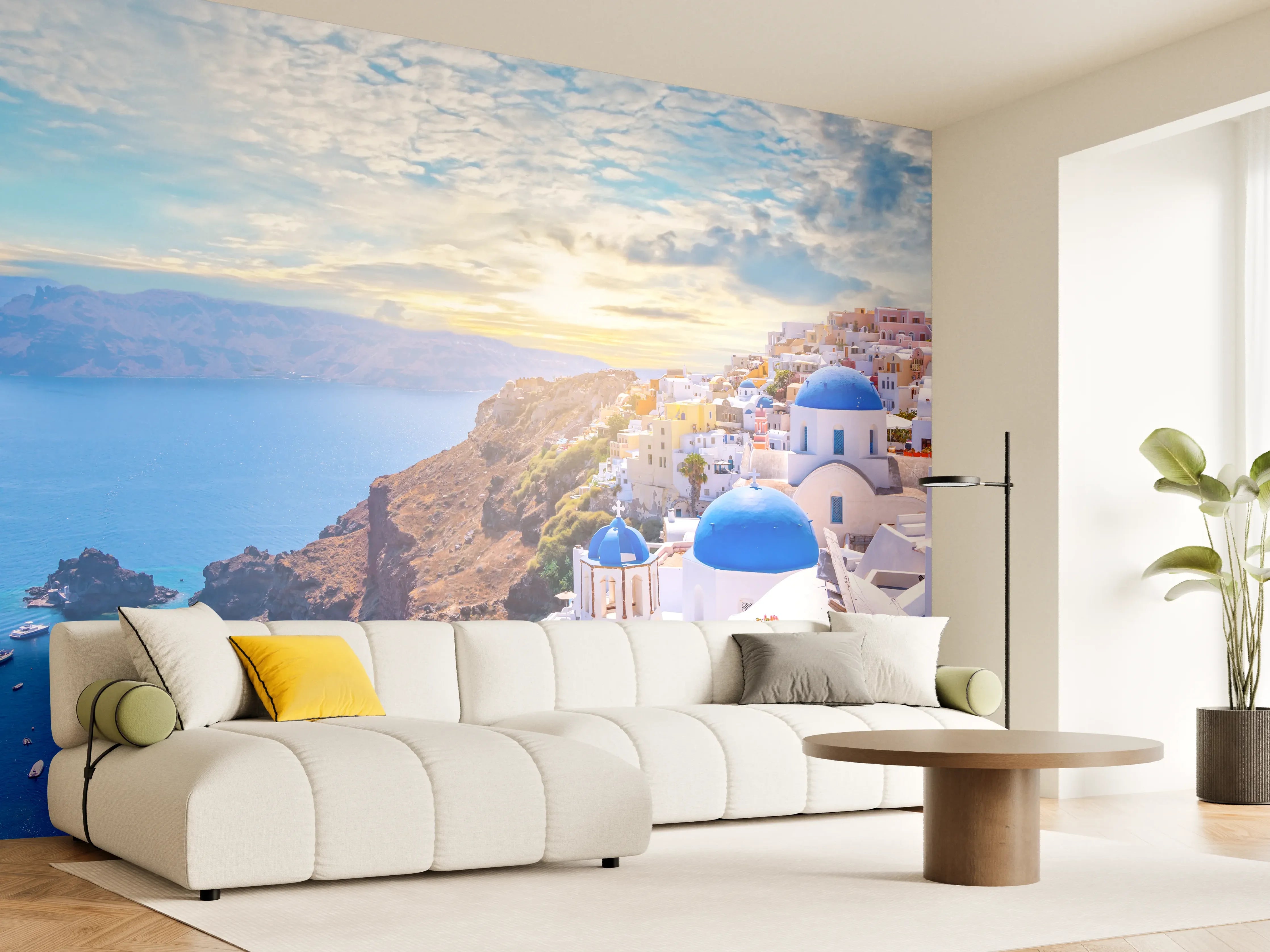 Wandverkleidung Wohnzimmer - Idyllische Santorini Küstenansicht bei Sonnenuntergang