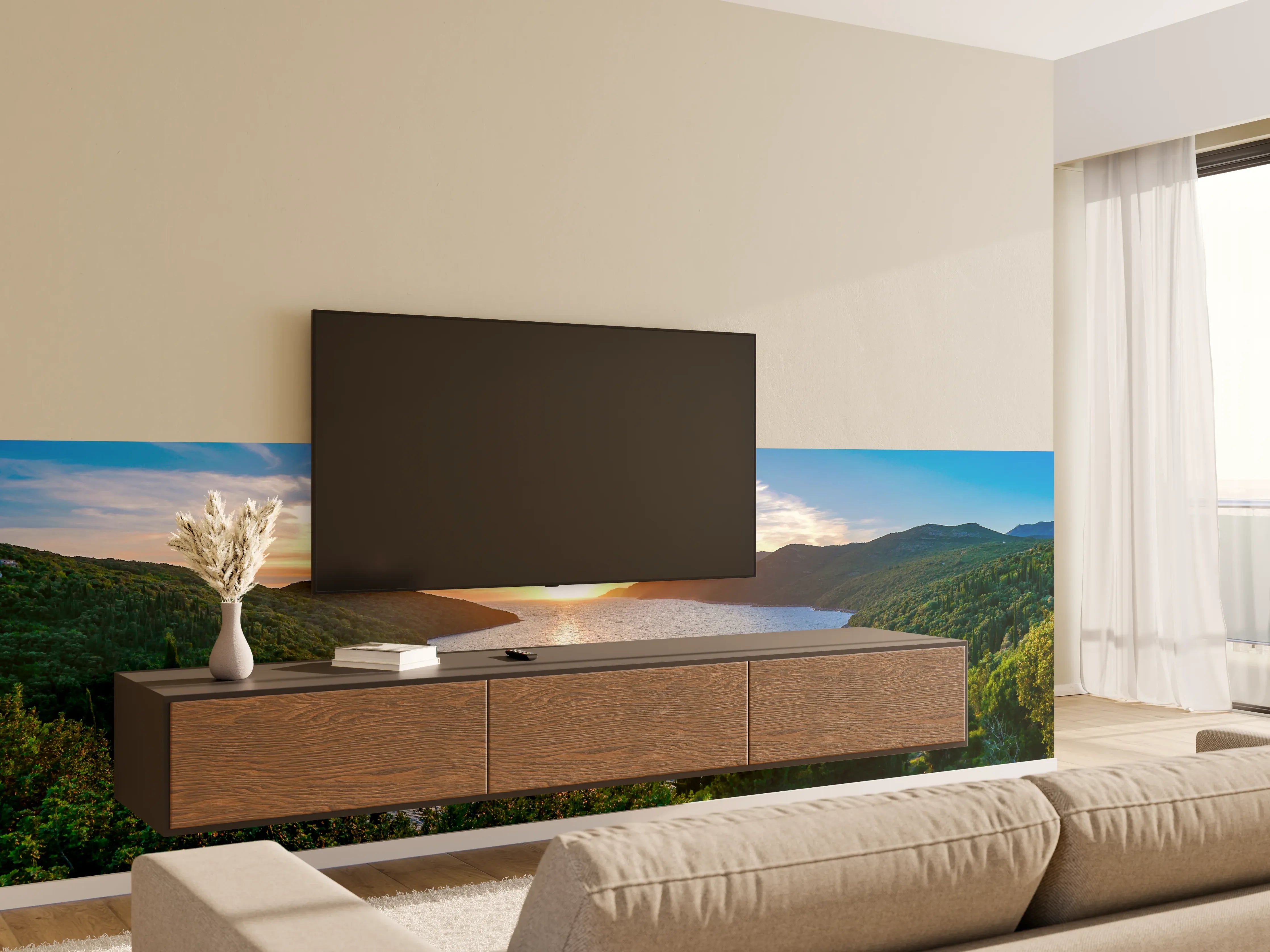 Wandverkleidung Wohnzimmer - Idyllische Seenlandschaft bei Sonnenuntergang