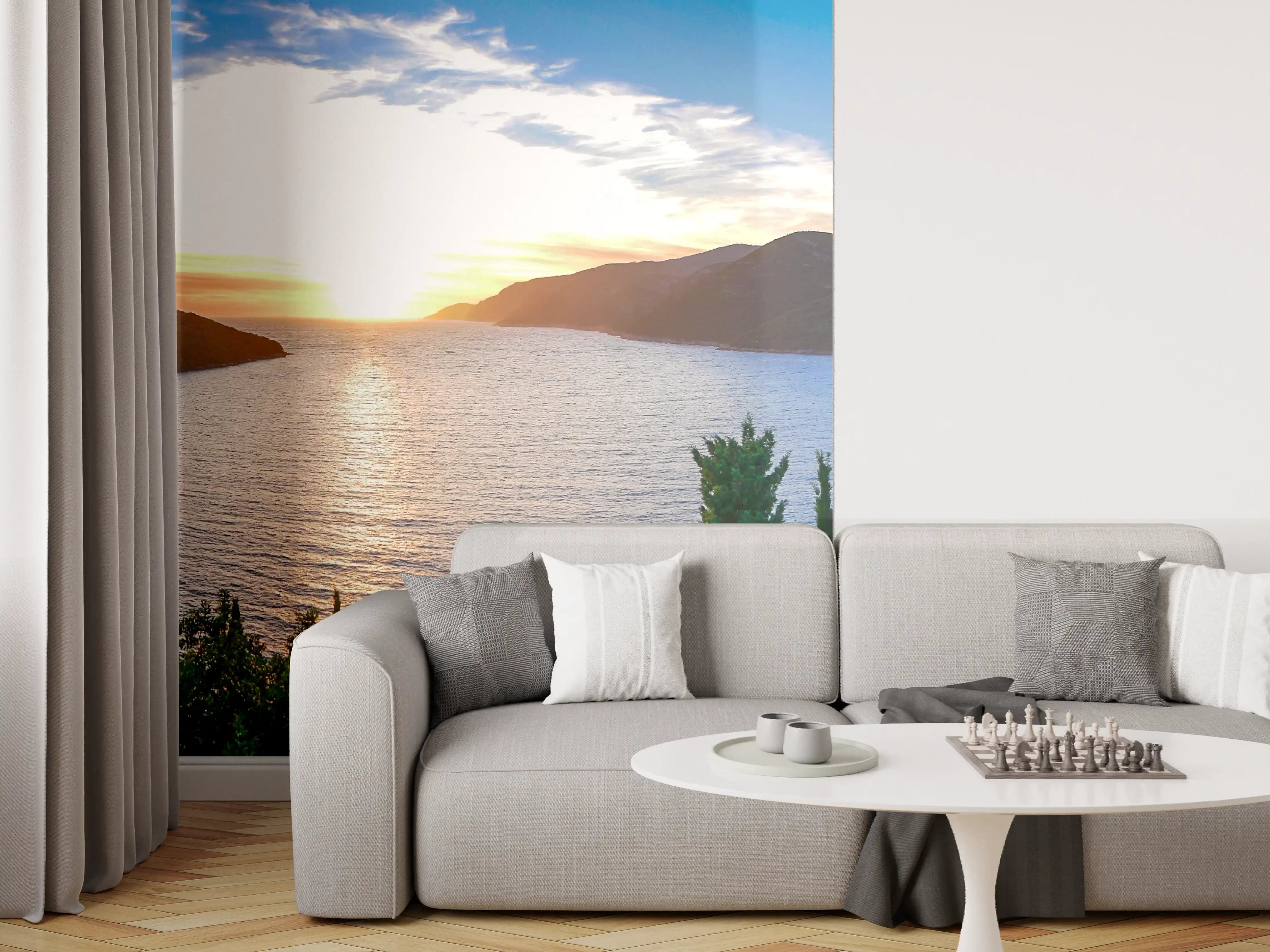Wandverkleidung Wohnzimmer - Idyllische Seenlandschaft bei Sonnenuntergang