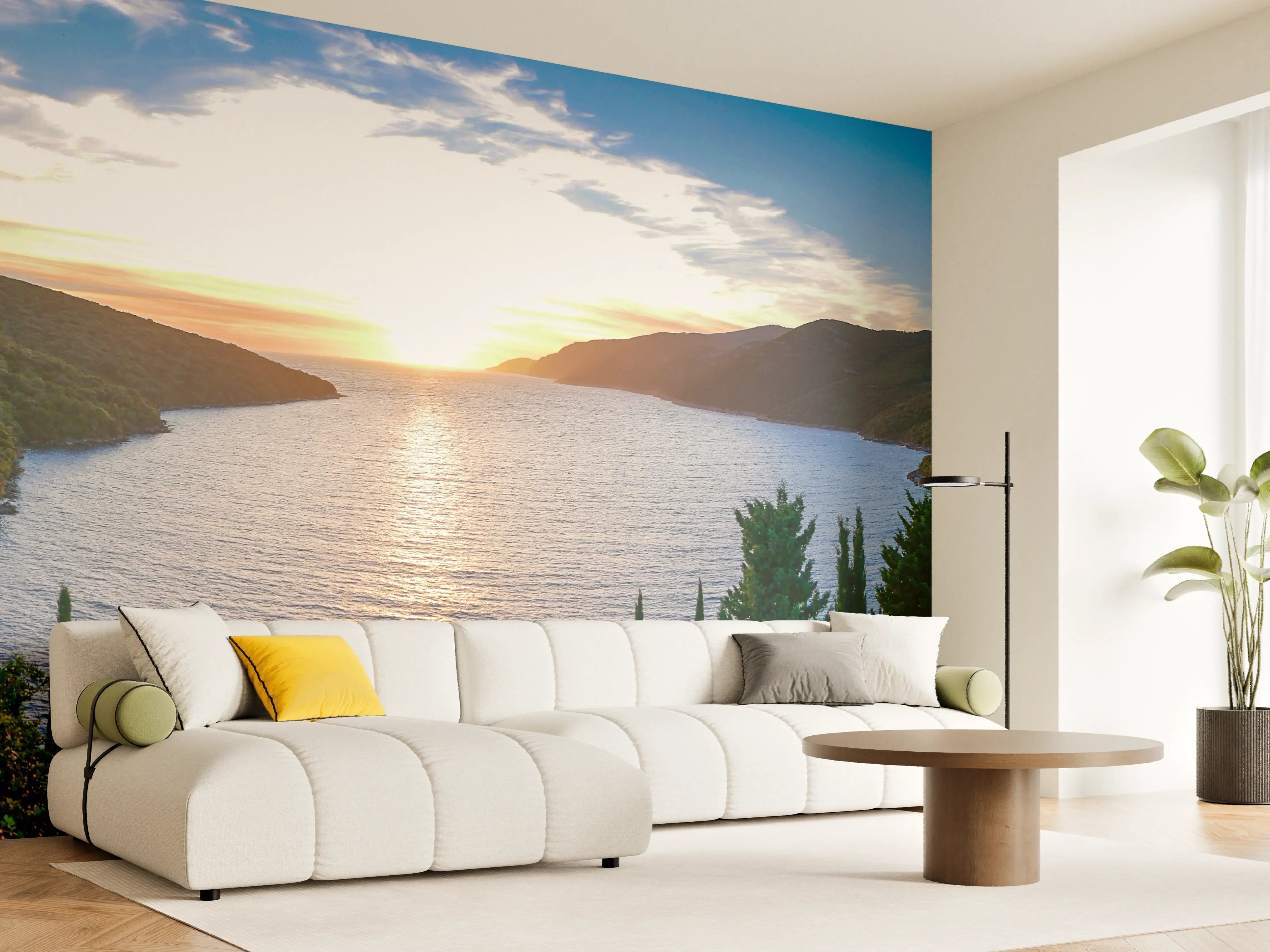 Wandverkleidung Wohnzimmer - Idyllische Seenlandschaft bei Sonnenuntergang