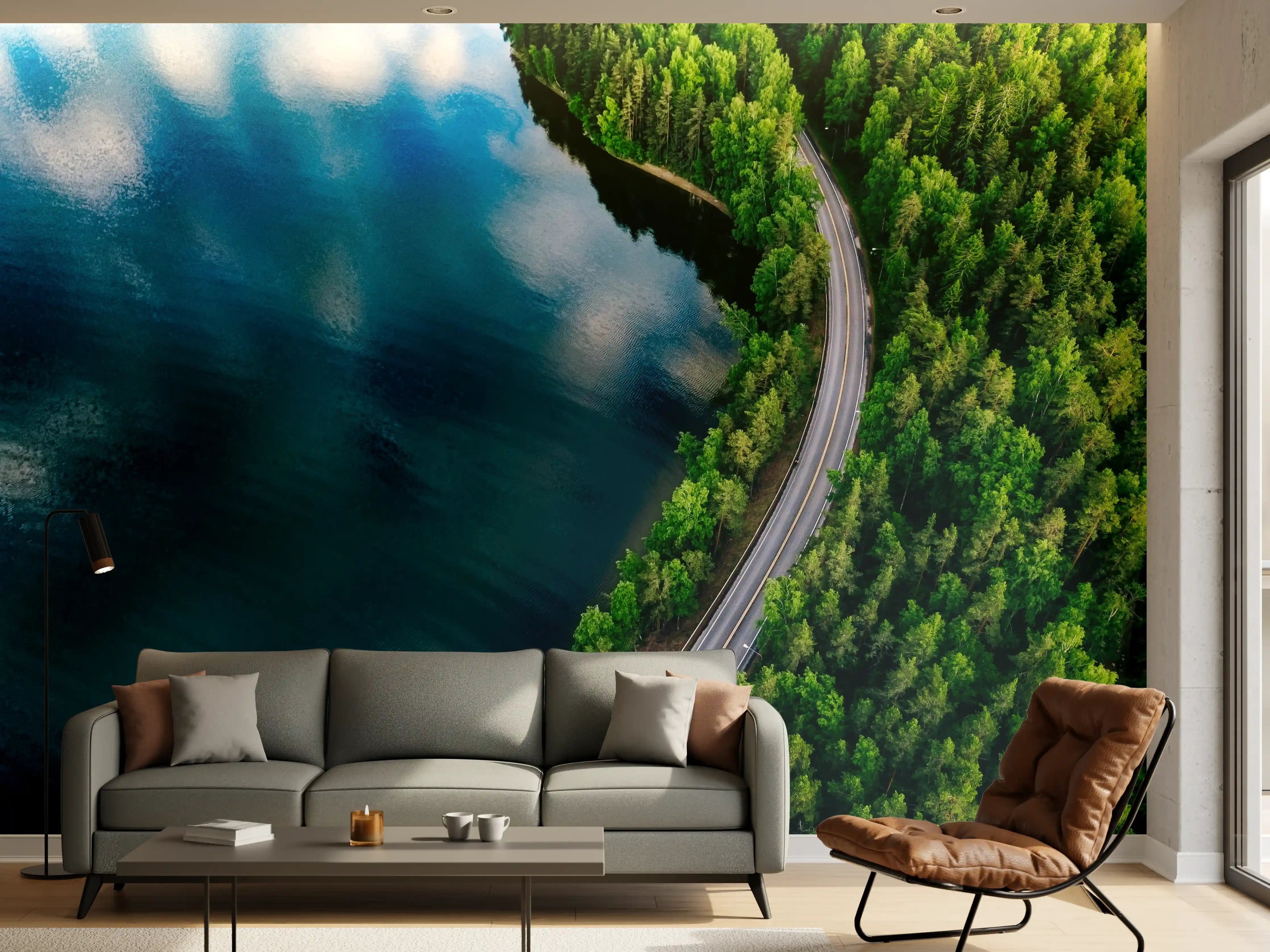 Wandverkleidung Wohnzimmer - Idyllische Seenlandschaft mit Wald und schönem Himmel