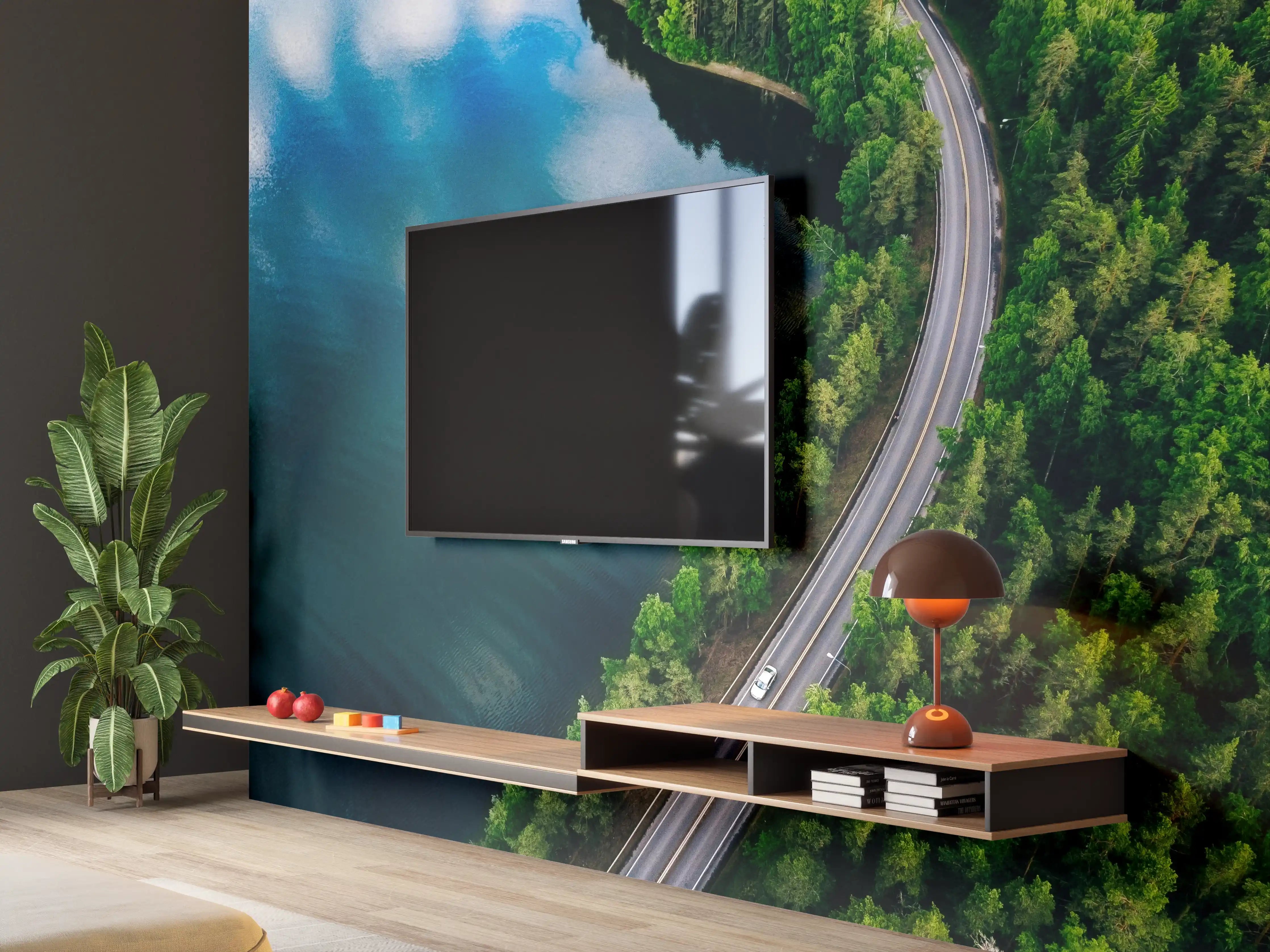 Wandverkleidung Wohnzimmer - Idyllische Seenlandschaft mit Wald und schönem Himmel