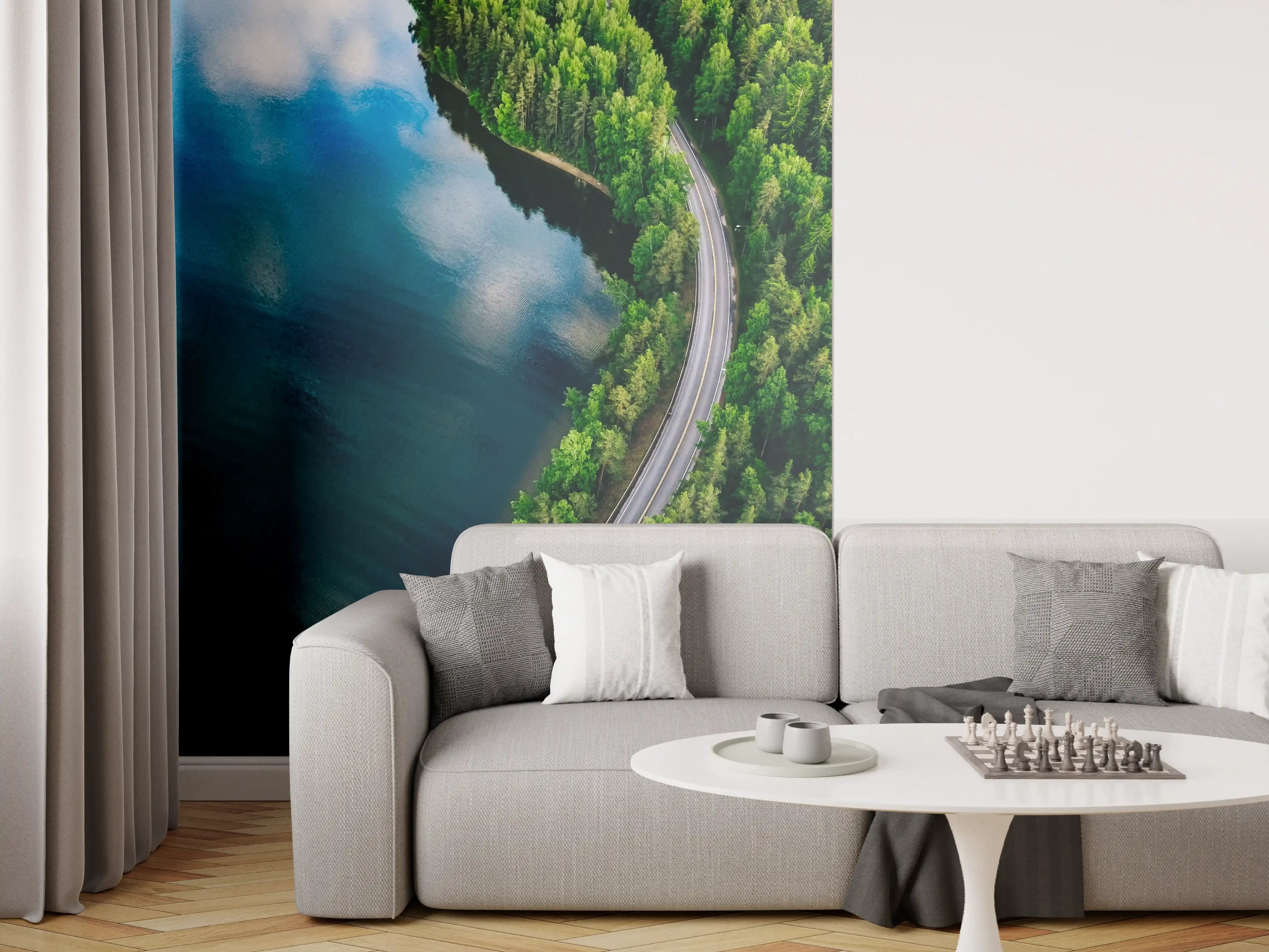 Wandverkleidung Wohnzimmer - Idyllische Seenlandschaft mit Wald und schönem Himmel