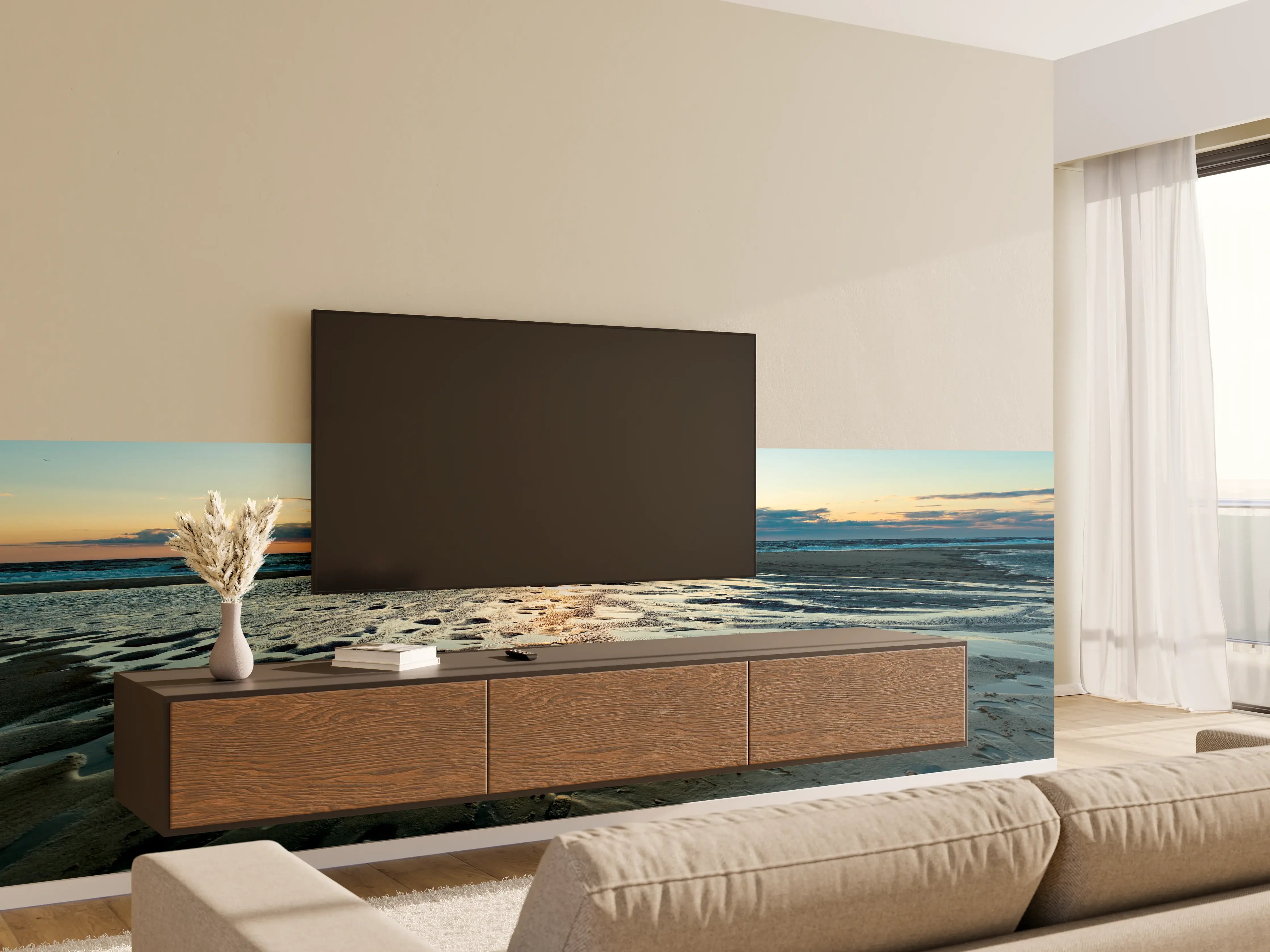 Wandverkleidung Wohnzimmer - Idyllische Strandlandschaft bei Sonnenuntergang