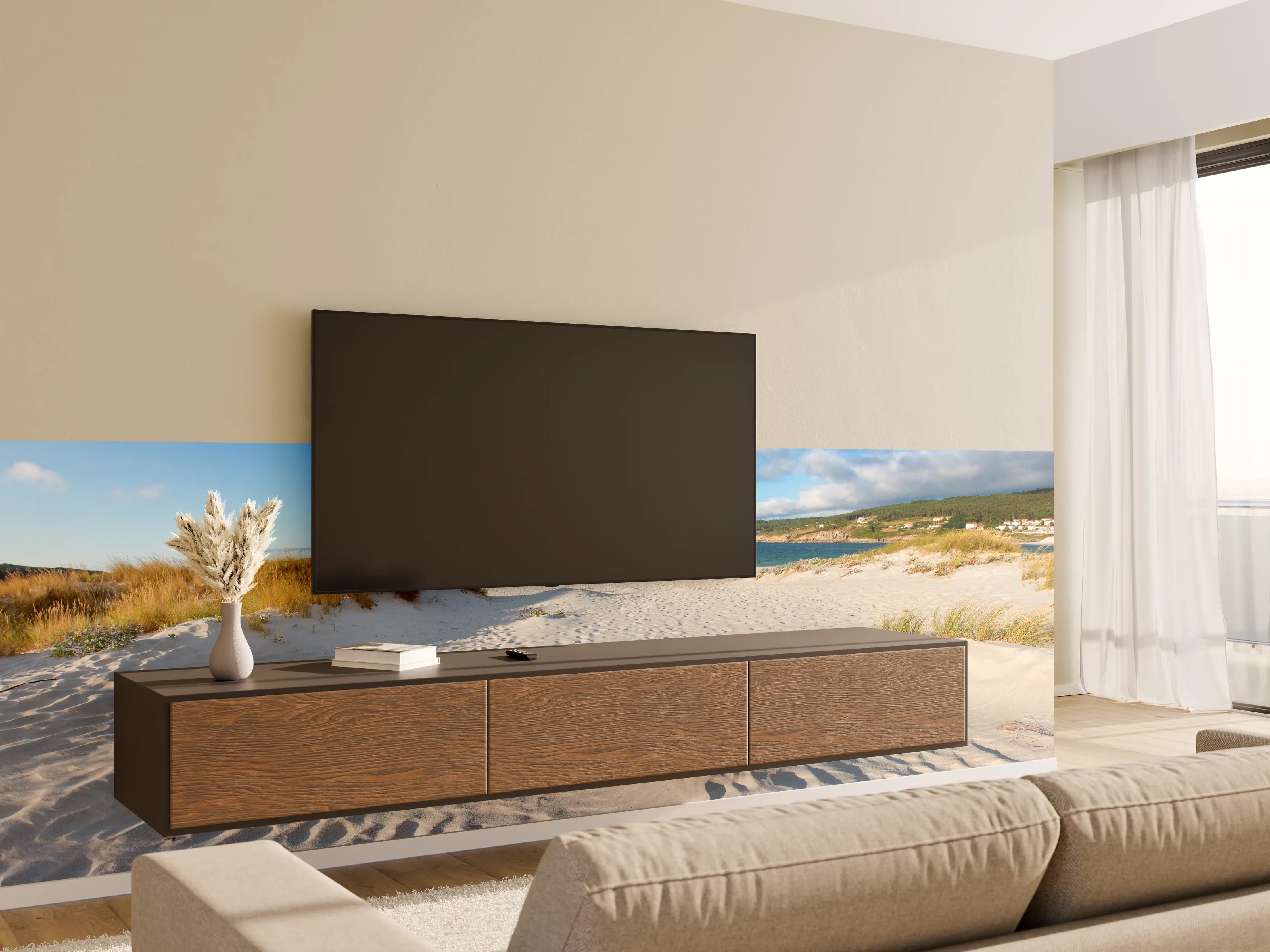 Wandverkleidung Wohnzimmer - Idyllische Strandlandschaft im sanften Weiß-Blau