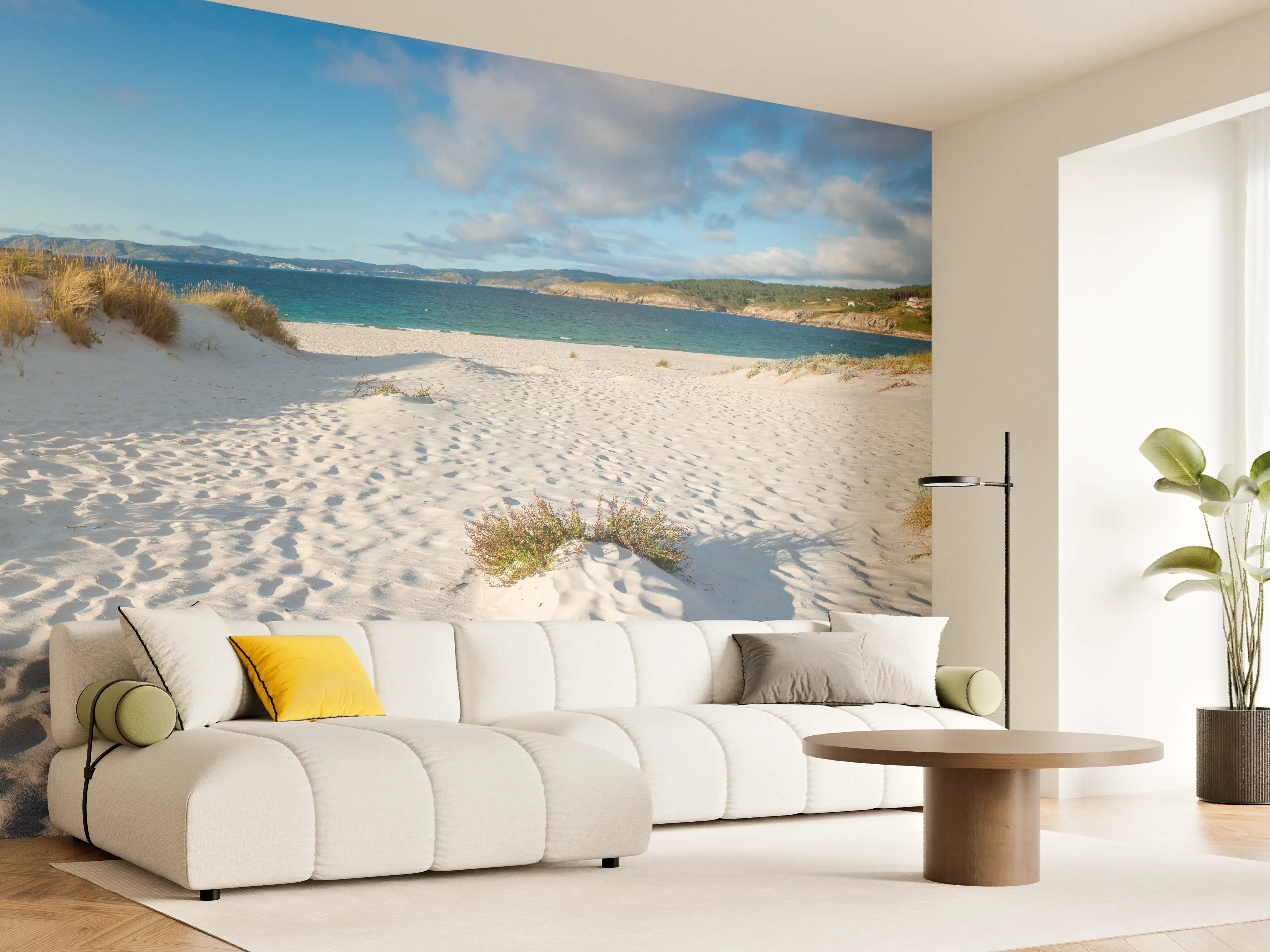 Wandverkleidung Wohnzimmer - Idyllische Strandlandschaft im sanften Weiß-Blau