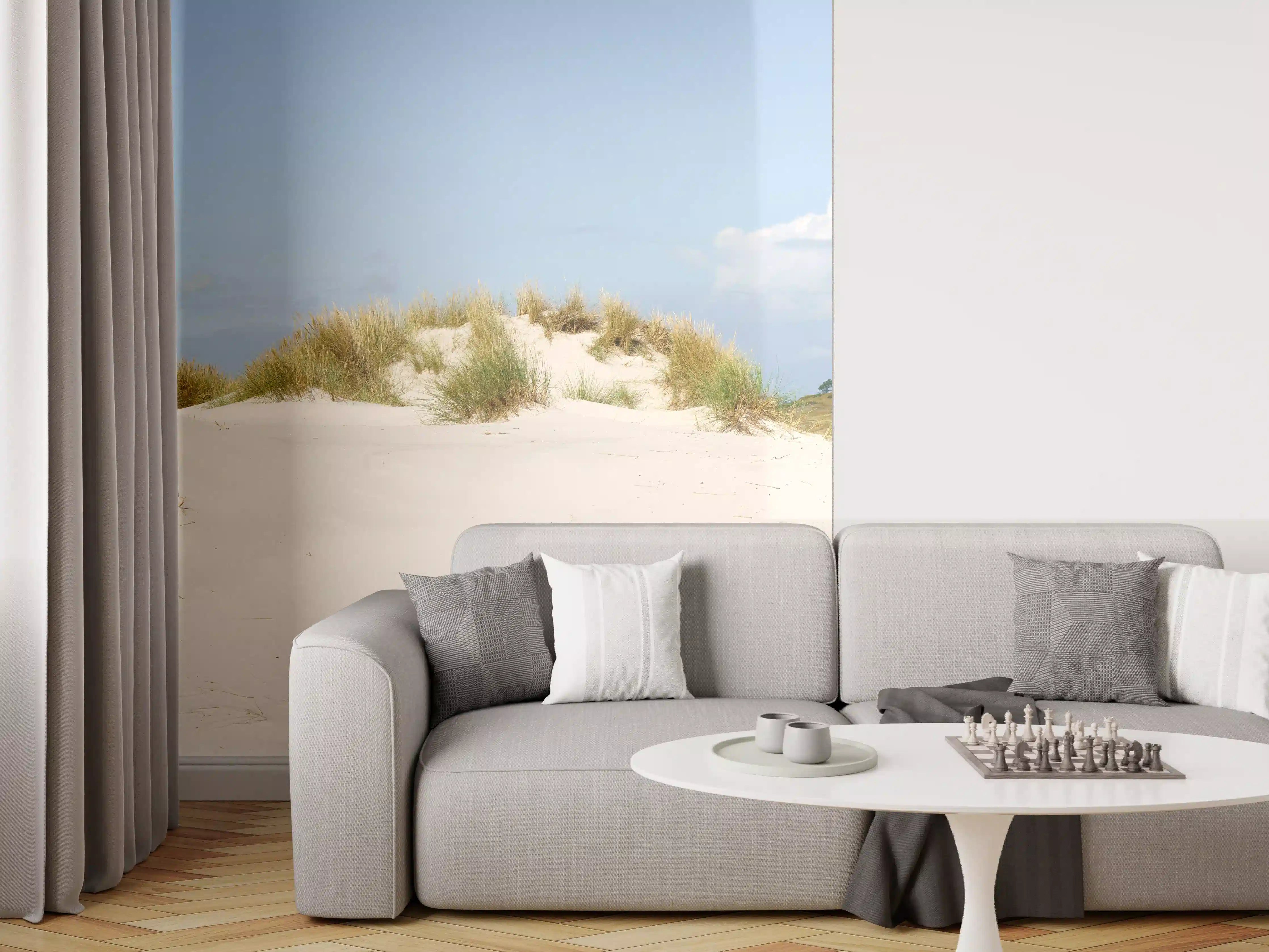 Wandverkleidung Wohnzimmer - Idyllische Strandlandschaft mit Leuchtturm
