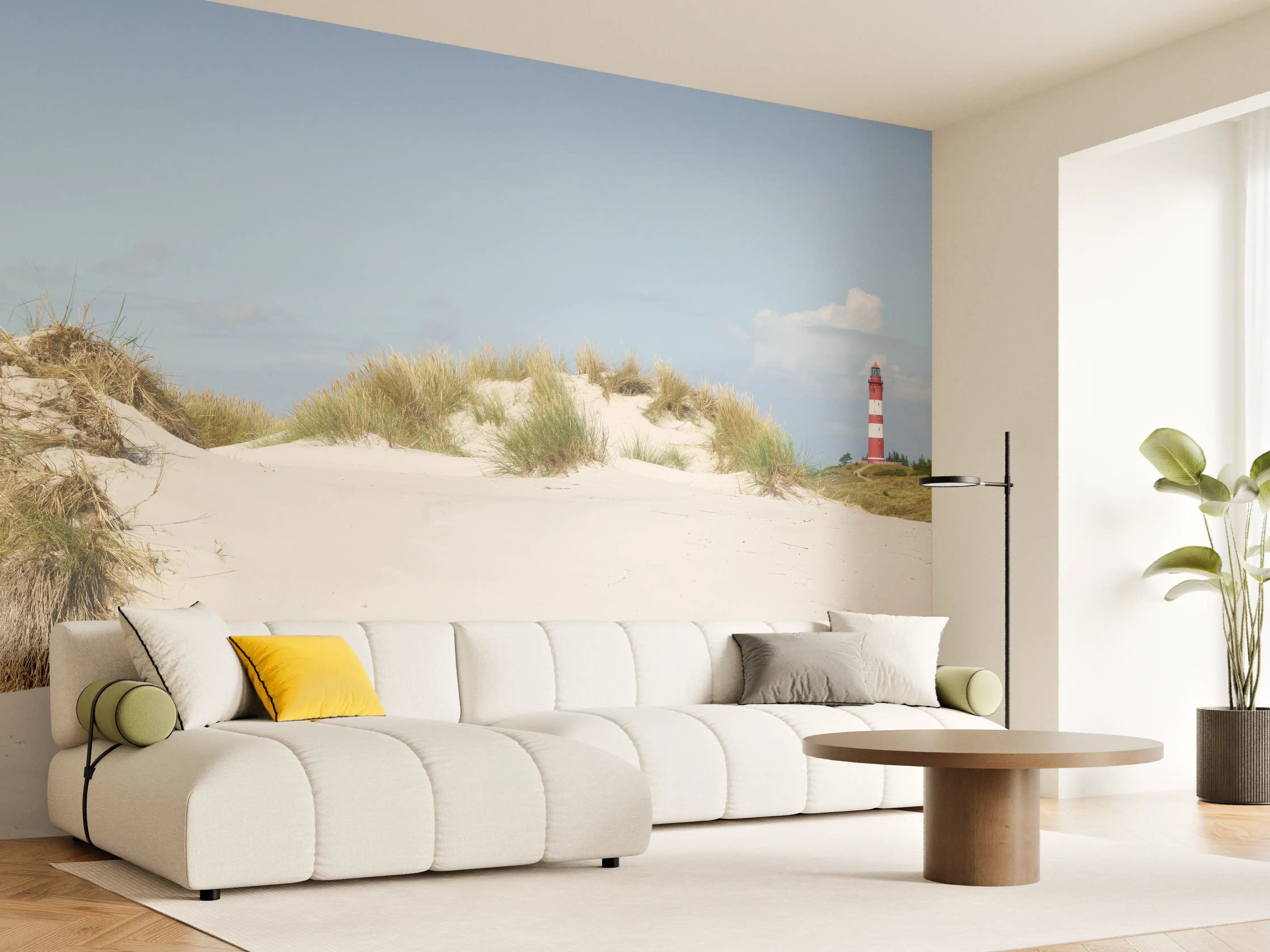Wandverkleidung Wohnzimmer - Idyllische Strandlandschaft mit Leuchtturm