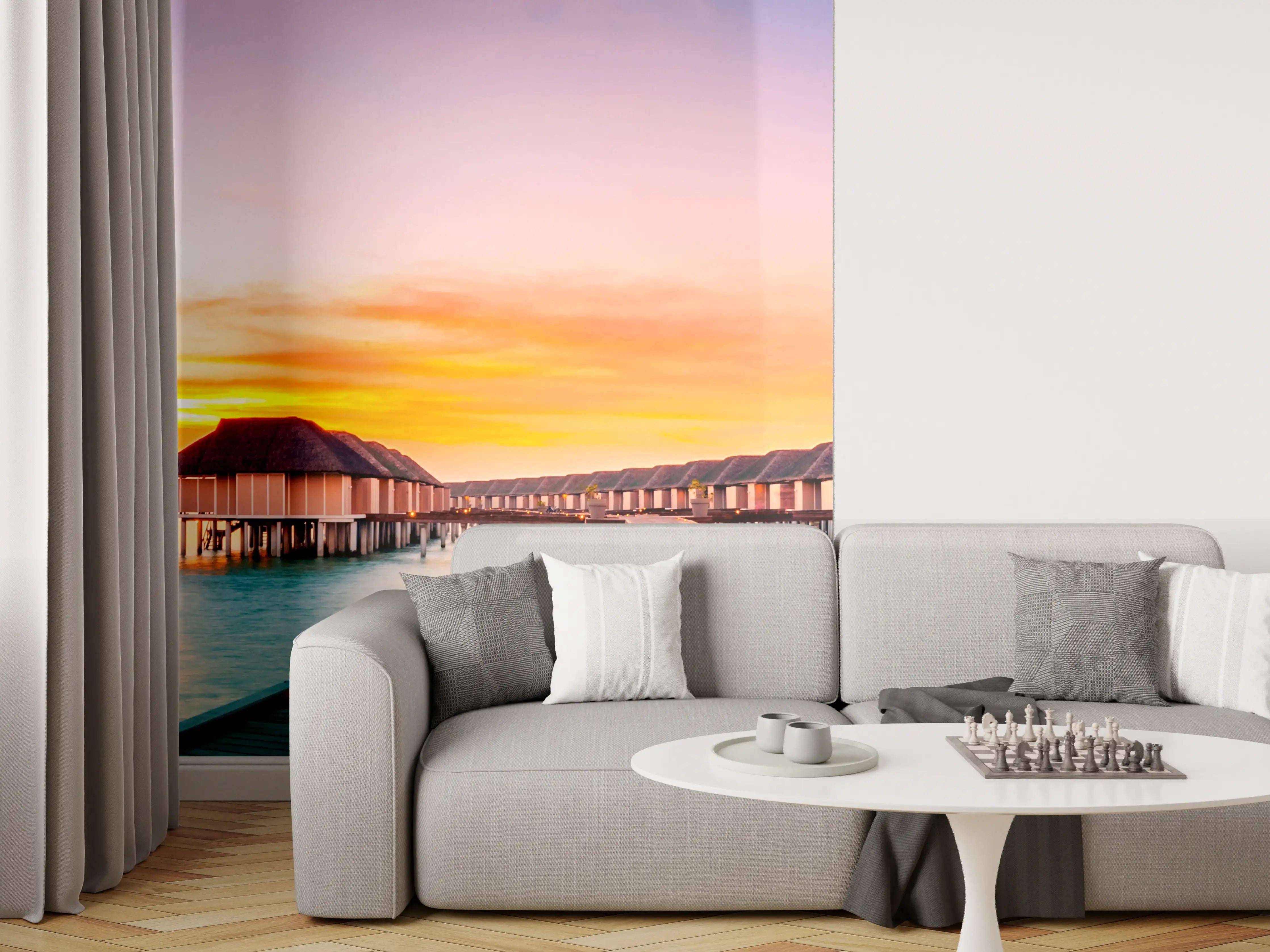 Wandverkleidung Wohnzimmer - Idyllische Strandpromenade bei Sonnenuntergang