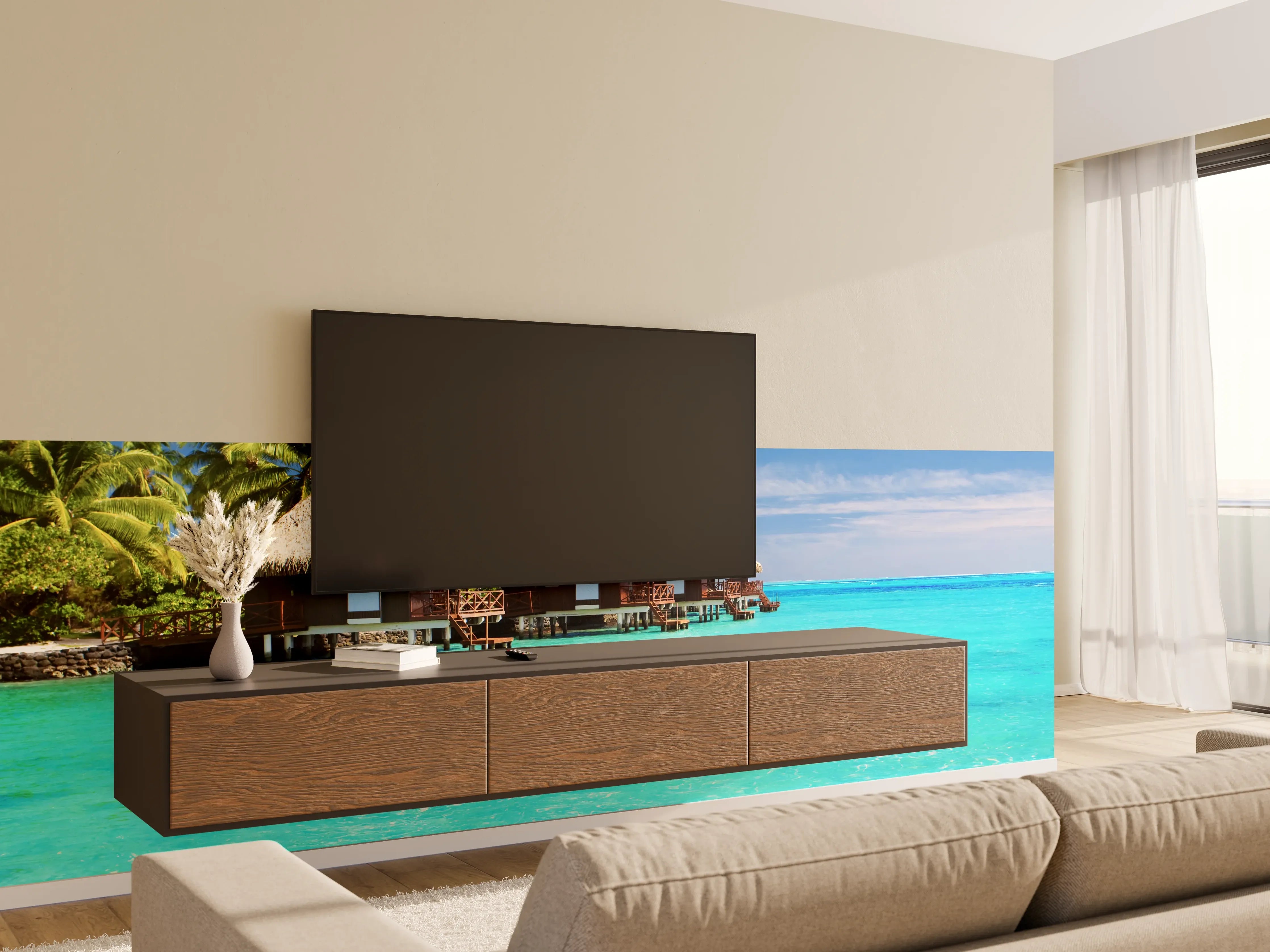 Wandverkleidung Wohnzimmer - Idyllische Überwasserbungalows am tropischen Strand