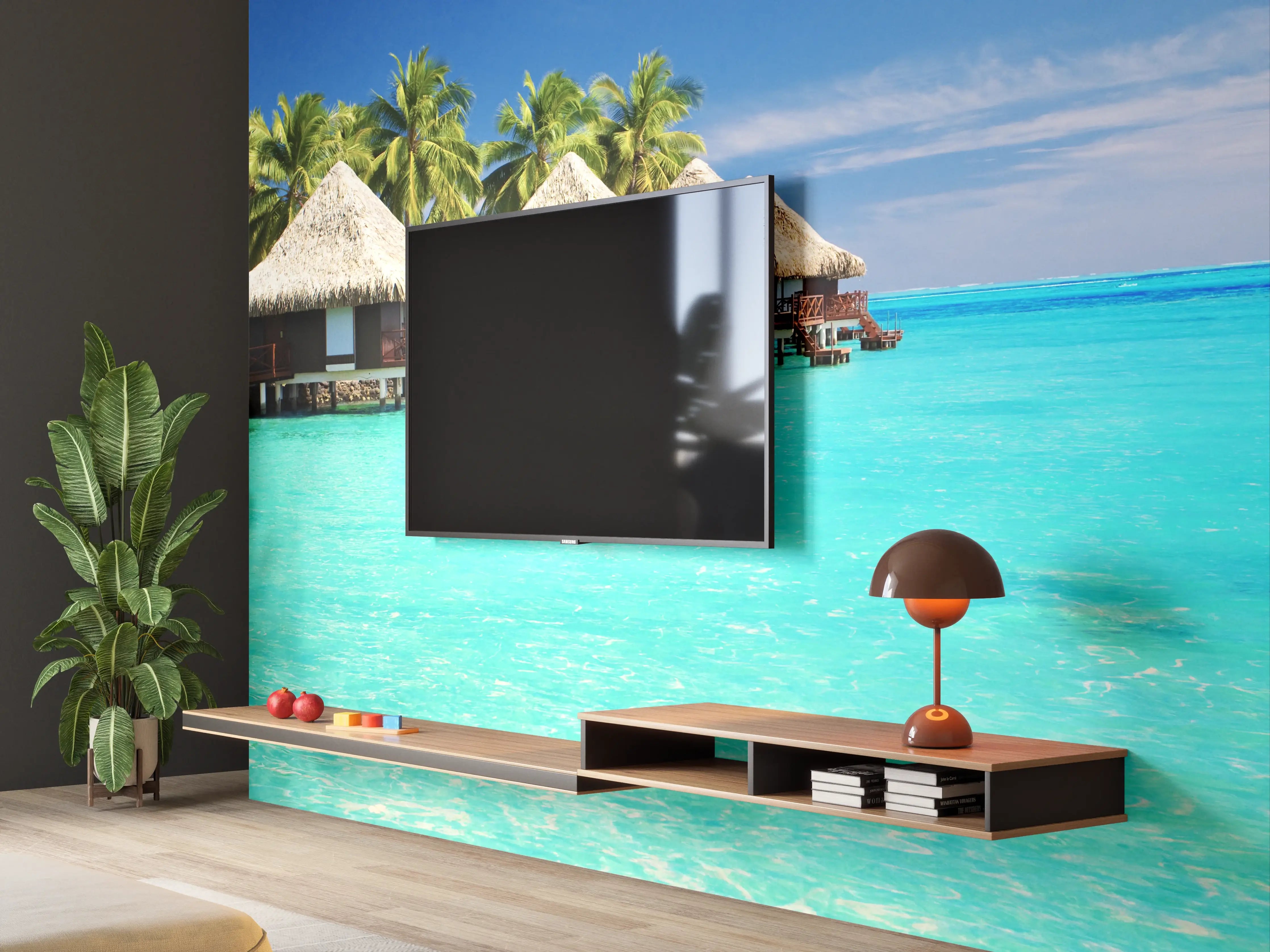 Wandverkleidung Wohnzimmer - Idyllische Überwasserbungalows am tropischen Strand