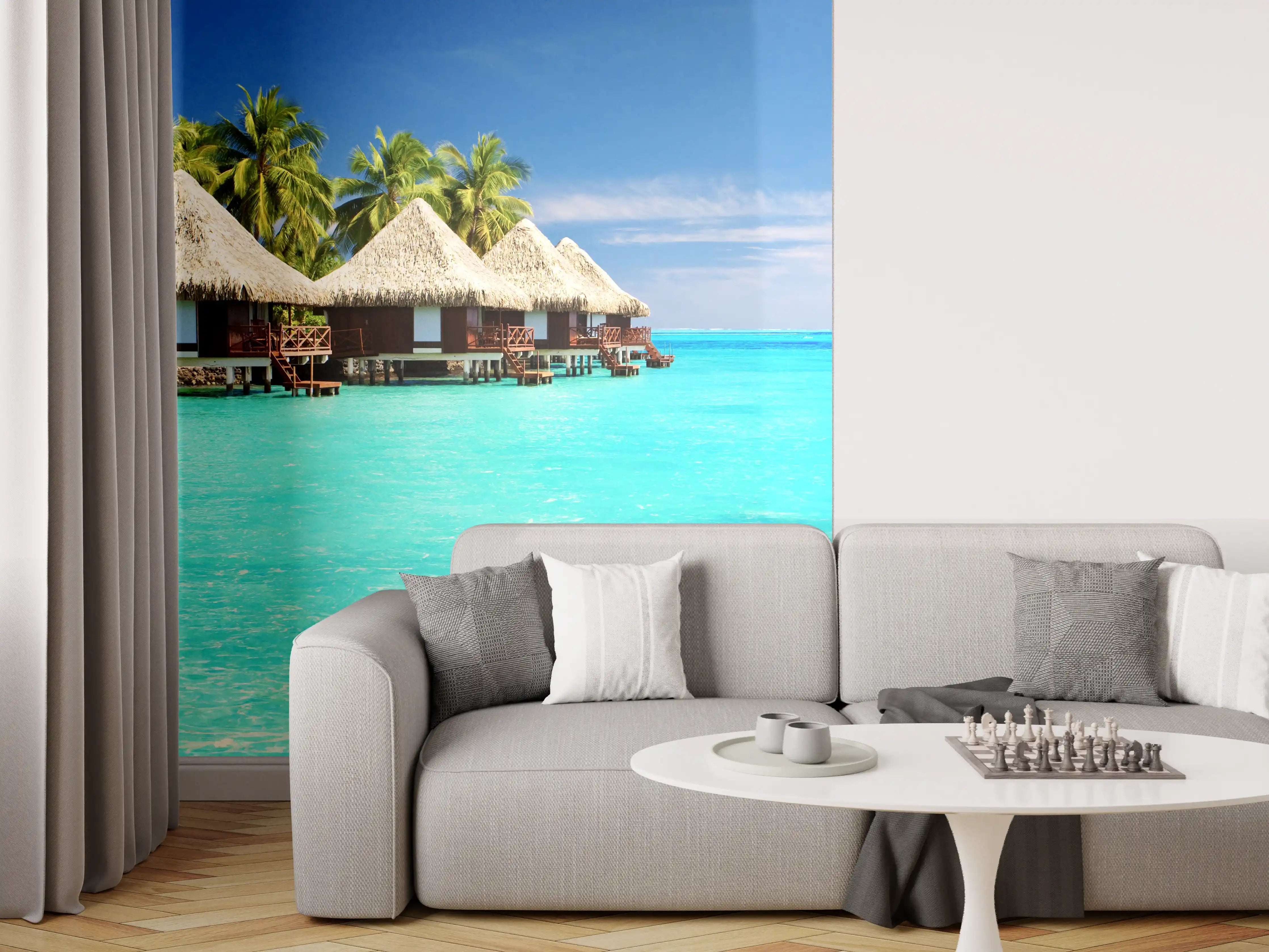 Wandverkleidung Wohnzimmer - Idyllische Überwasserbungalows am tropischen Strand