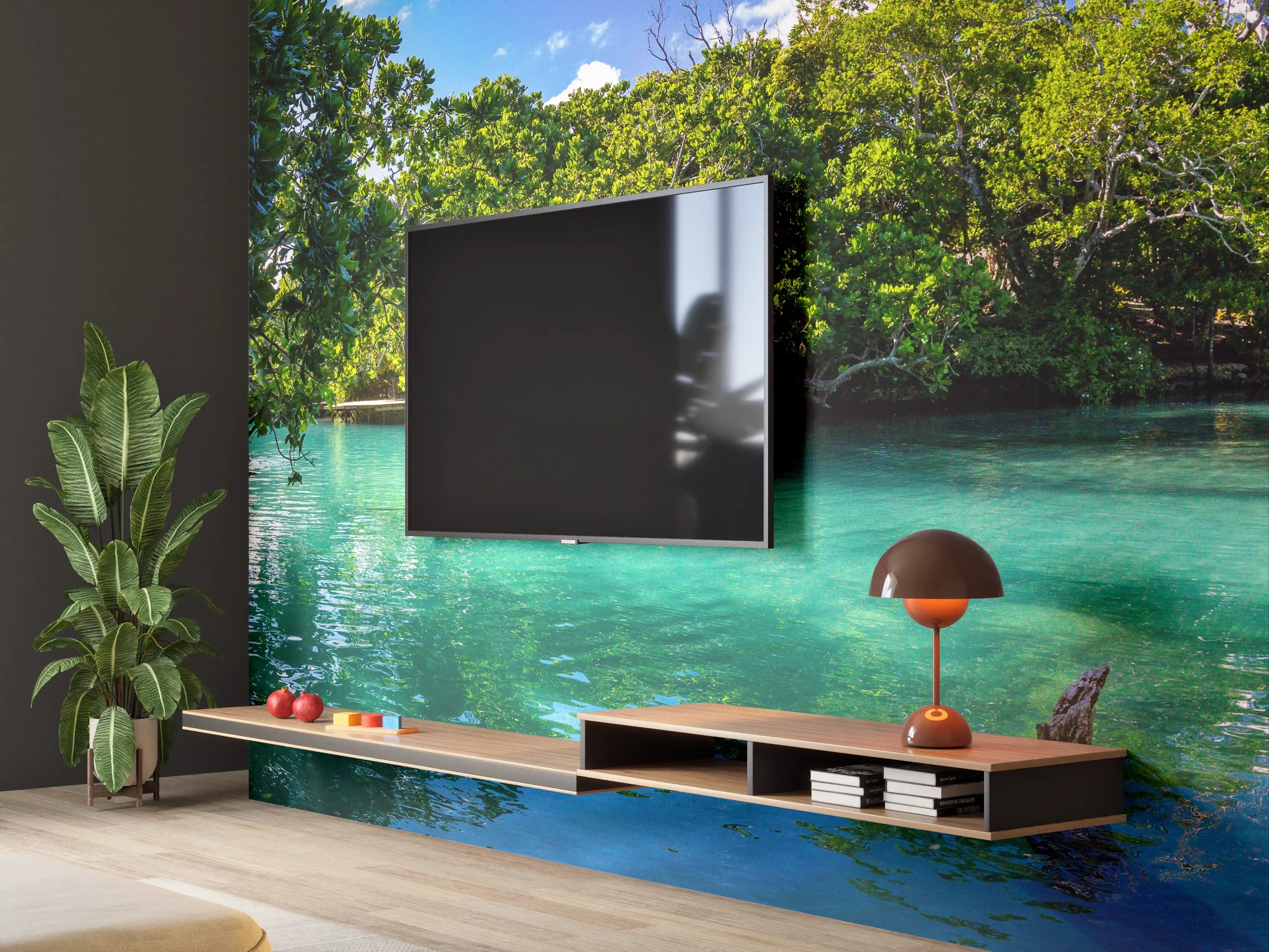 Wandverkleidung Wohnzimmer - Idyllische Wasserlandschaft inmitten von Natur